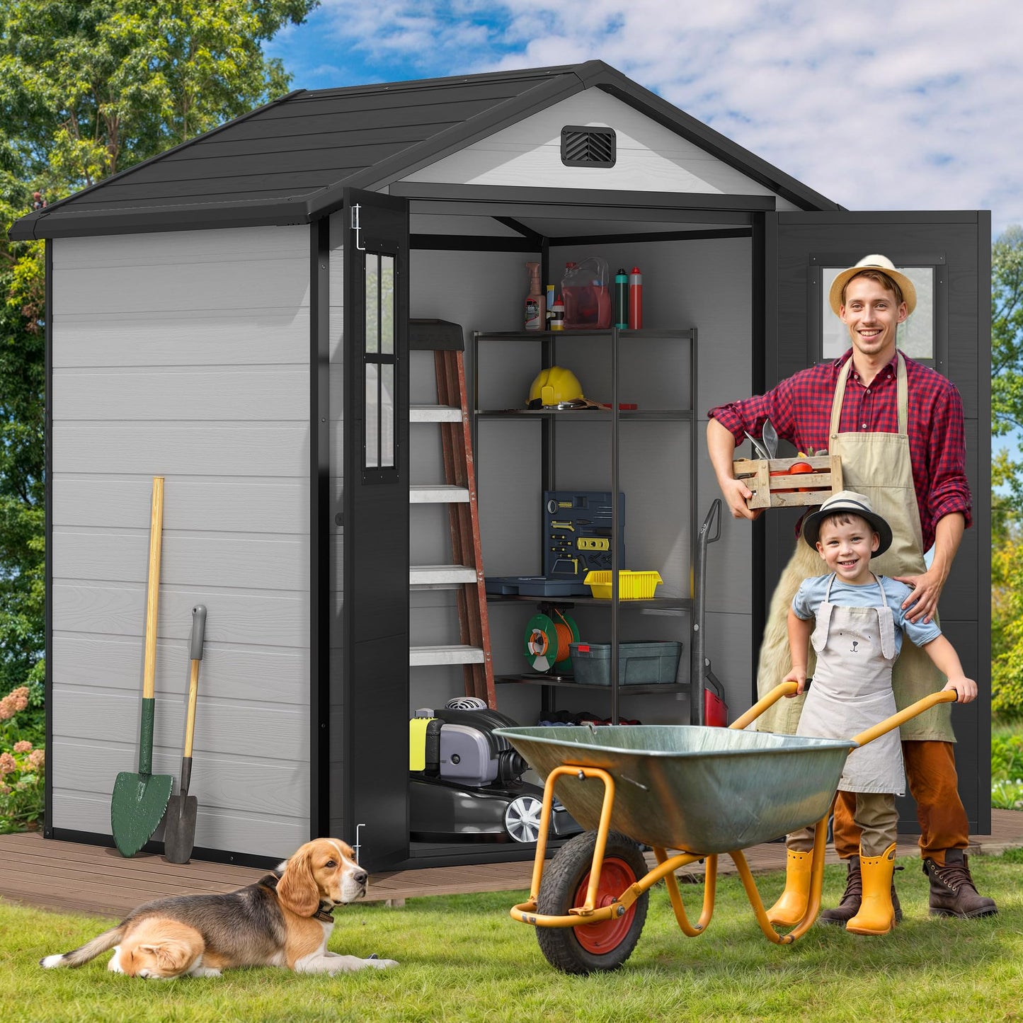 DWVO 6x4.4 FT Outdoor Storage Shed, Plastic Garden Tool Shed with 2 Windows, Double-Wall Outside Shed for Lawn Mower, Garden Tool for Backyard, Patio, Lawn