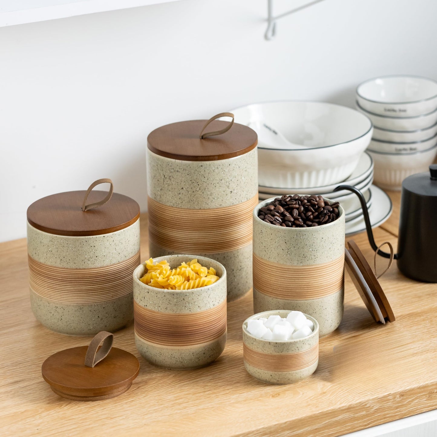 Miamolo Large Storage Containers with Lids, Ceramic Coffee Container Kitchen Food Storage Jars for Spice Sugar Tea Bag, Stackable Decorative Jars for Counter, 61 fl.oz