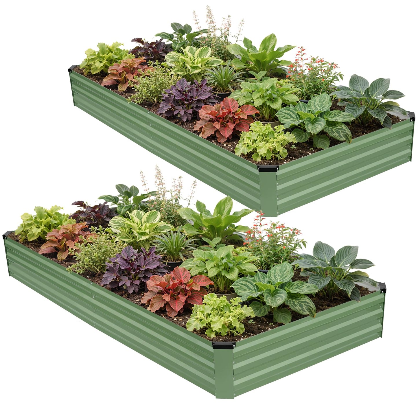 G GOOD GAIN 8x4x1ft Galvanized Raised Garden Bed, Heavy-Duty Metal Planter Boxes Outdoor for Vegetables Flowers Herbs, Olive Green(2 Pack)