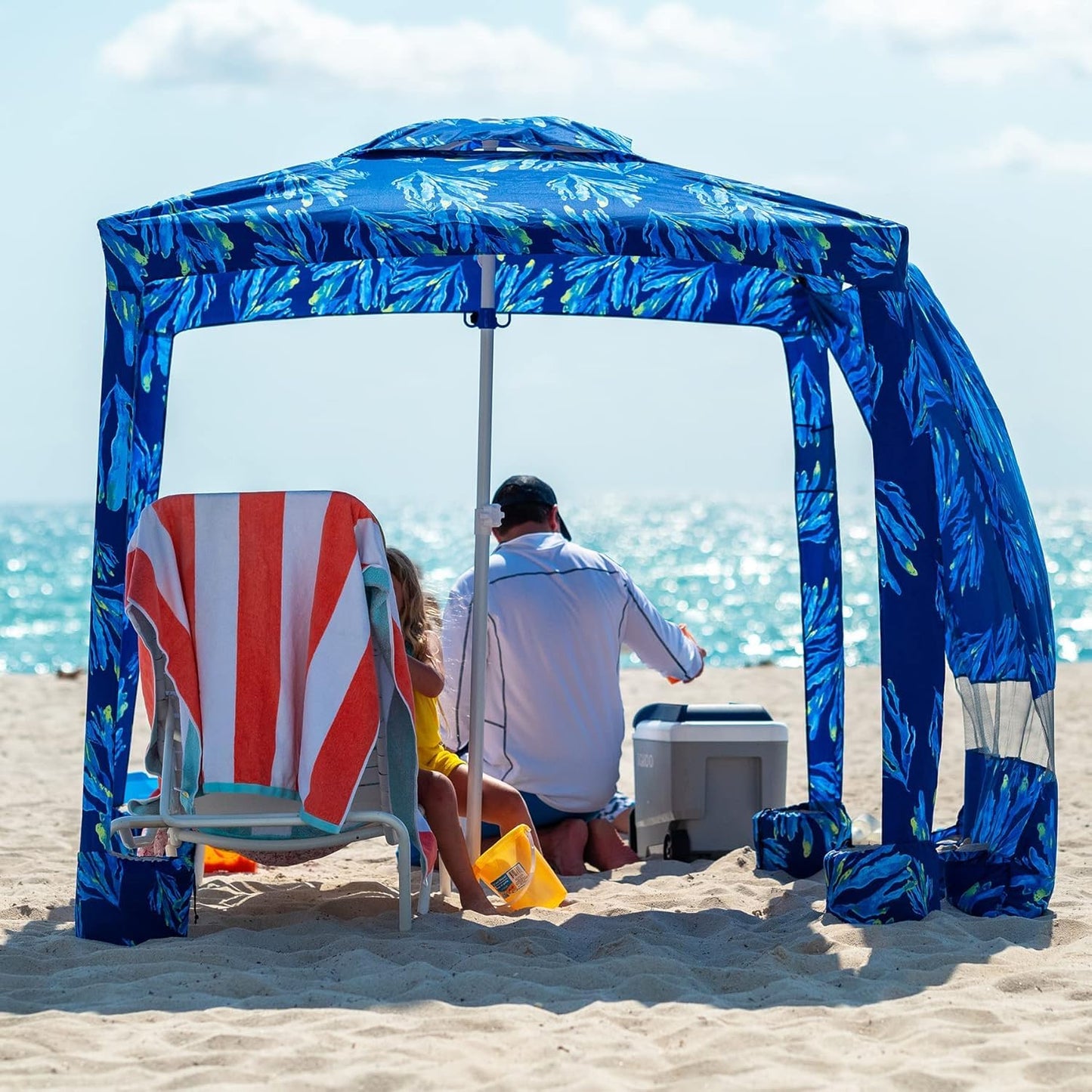 AMMSUN Beach Cabana, 6.5'×6.5' Beach Canopy, Easy Set up and Take Down, Cabana Tent with Sand Pockets, Instant Sun Shade with Side Wall, Coral Tropical