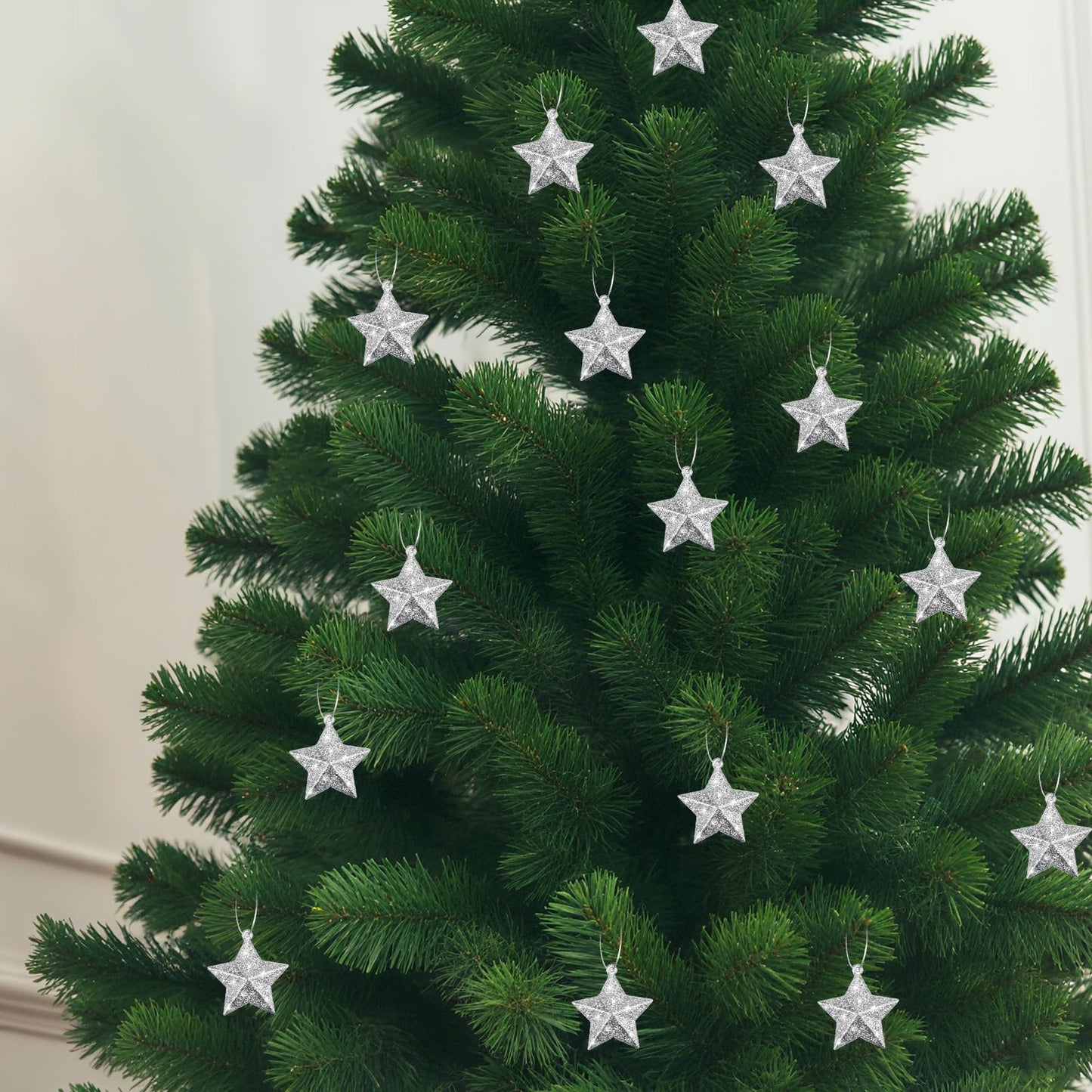 Shappy 48 Pcs Glitter Star Ornaments Christmas Tree Mini Hanging Stars Christmas Decorations Plastic Festive Embellishments for Holiday Party Weddings Home Decoration (Silver)