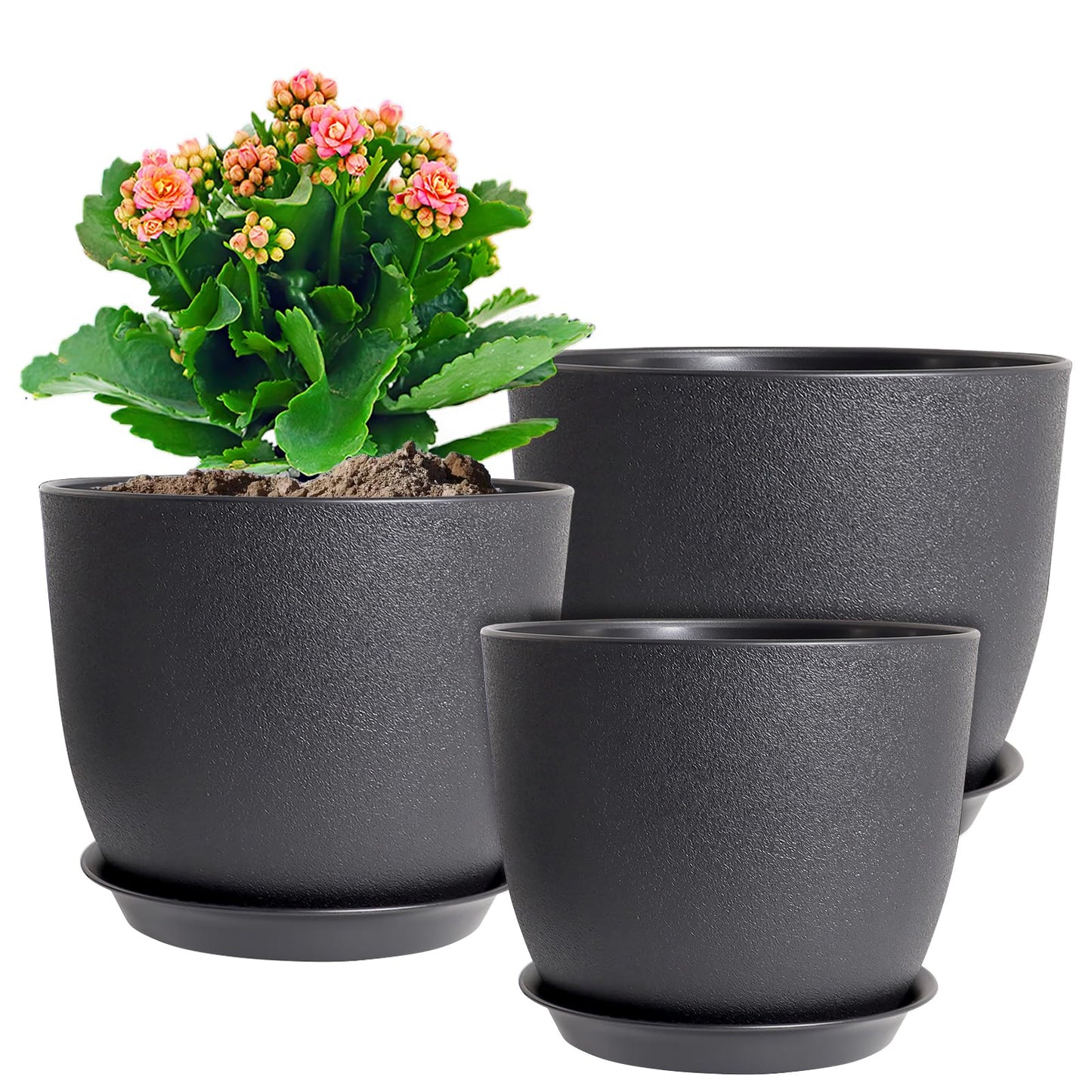 WSMKSZ 10/9/8 inch Medium Plant Pots, 3 Pack Modern Decorative Plastic Planters with Drainage Holes and Saucers, Flower Pots for Indoor Outdoor Plants, Black