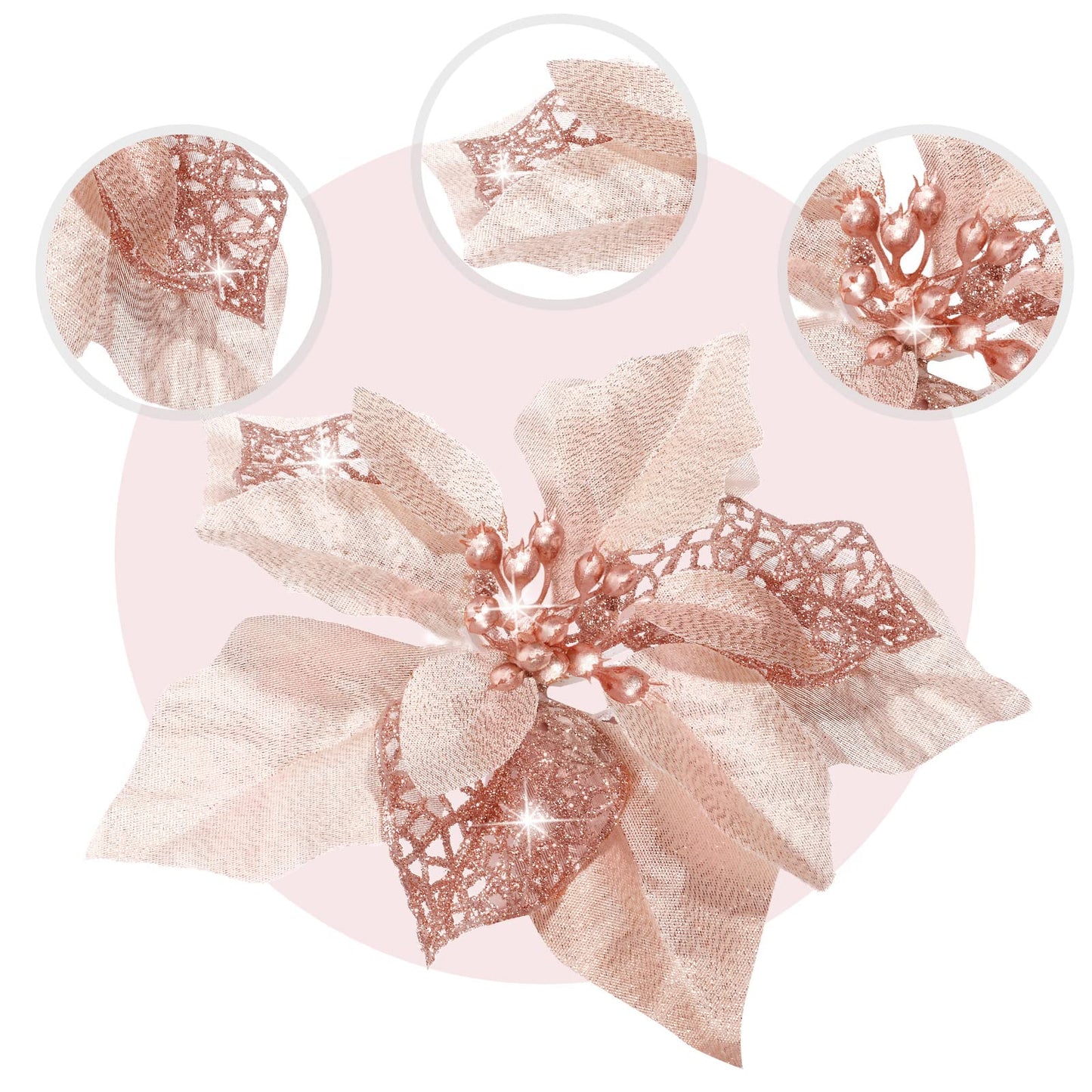 WILLBOND 36 Pieces Christmas Poinsettia Glitter Faux Flowers Christmas Artificial Flowers Tree Ornaments Topper Xmas Decorations(Rose Gold)