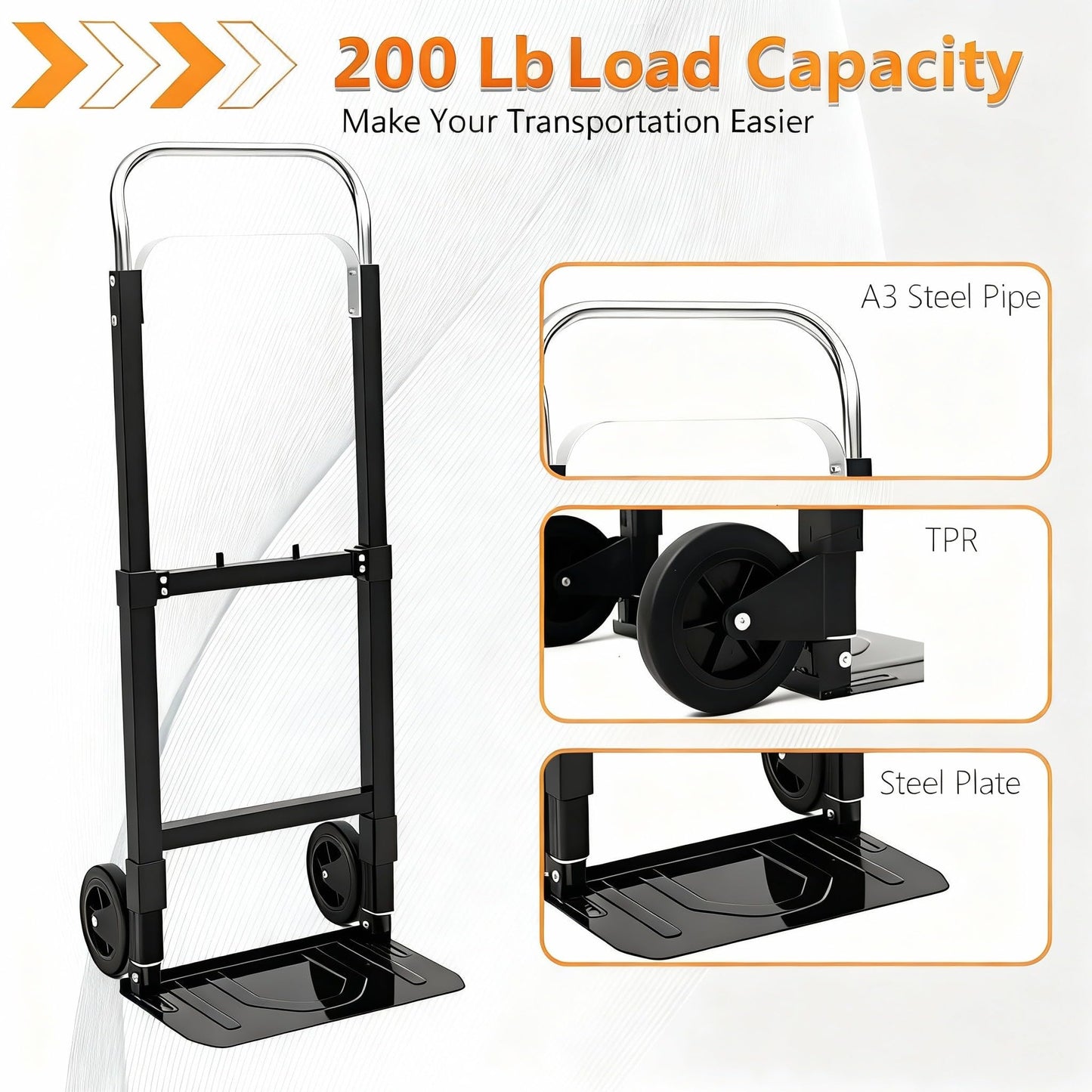 SST Folding Hand Truck with Wheels, 200 LB Capacity Portable Dolly Cart, Utility Cart with Adjustable Handle, Collapsible Dolly for Moving Travel Shopping Airport Office