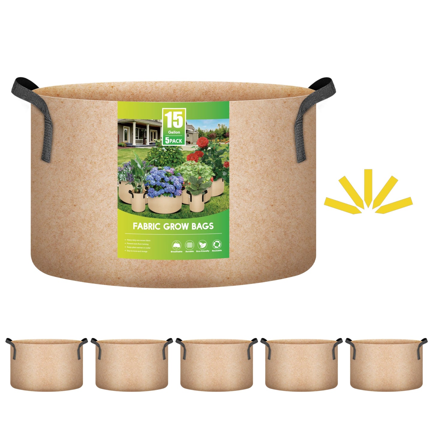 iPower 15 Gallon 5 Pack Grow Bags Nonwoven Fabric Pots Aeration Container with Strap Handles for Garden and Planting, 5-Pack Tan, 15 Gallon