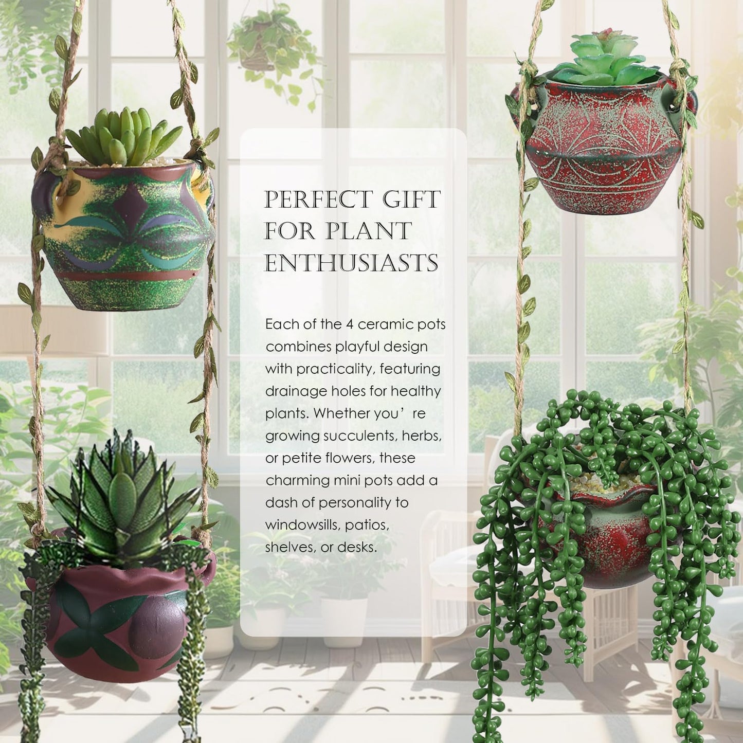 Yuccasly 4 Piece Boho Ceramic Hanging Planters with Drainage Holes – Adorable Indoor Outdoor Succulent Flower Pots, Unique Home Décor, Charming Small Planters for Plants