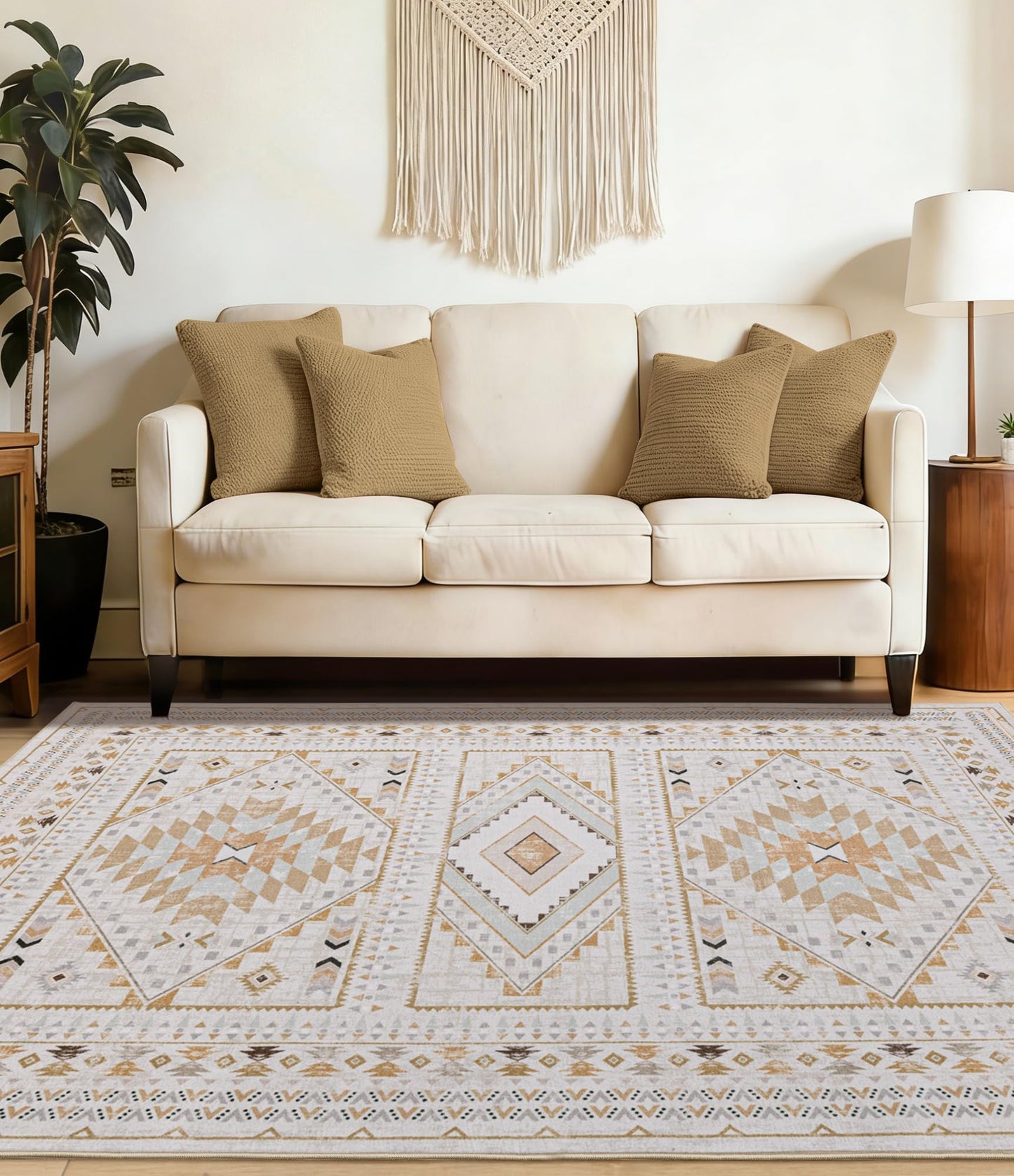 Boho Farmhouse Area Rug 5x7, Washable Tribal Rug for Bedroom, Non-Slip Medallion Rugs for Living Room Dining Room, Entryway (Beige/Yellow, 5'x7')