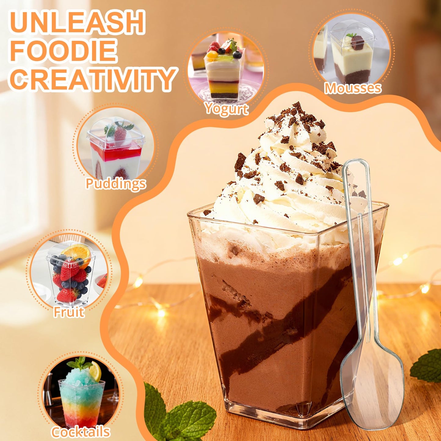 5oz Plastic Dessert Cups with Lids and Spoons, Clear Small Yogurt Parfait Cups with Lids, Mini Dessert Shooter Cups with Spoons, Square Appetizer Cups for Party Fruit Pudding Trifle Ice Cream 20 Pack