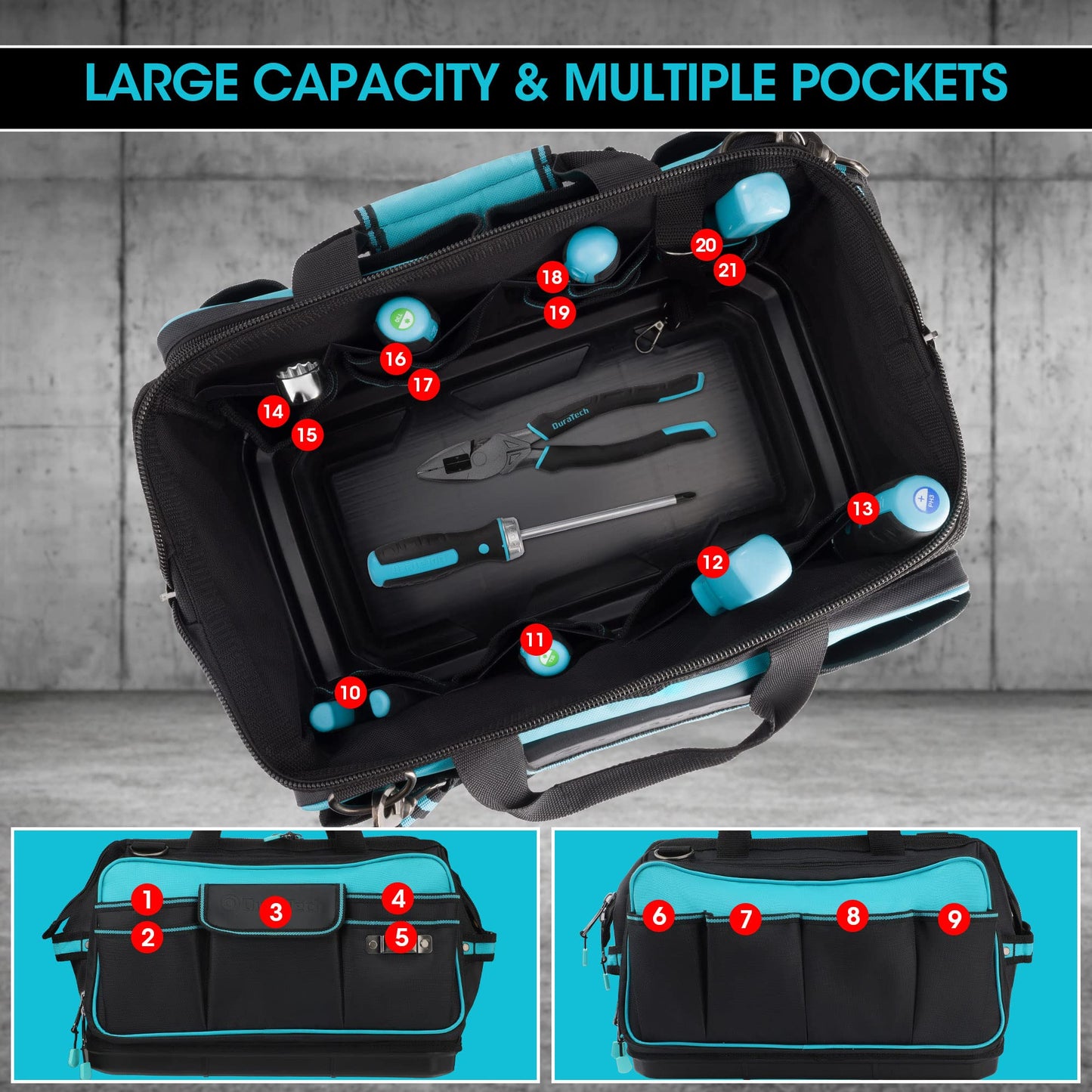 DURATECH 17" Wide Mouth Tool Bag, Large Storage 32 Pocket Tool Bag Organizer with Water Proof Molded Base, Adjustable Strap, Clip Design, 840D Oxford Fabric