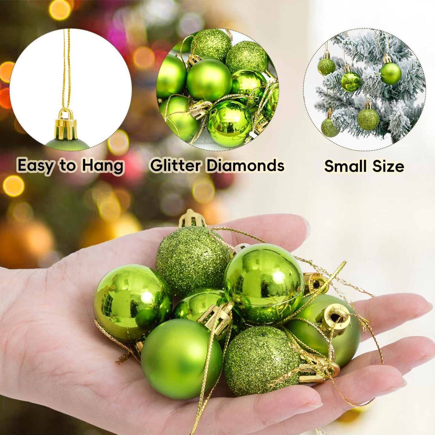 24PCS Christmas Ball Ornaments，1.18 Inch Mini Green Glitter Christmas Balls Xmas Tree Hanging Decorations Decorative Balls for Xmas Tree Outdoor Indoor DIY Craft Party Supplies