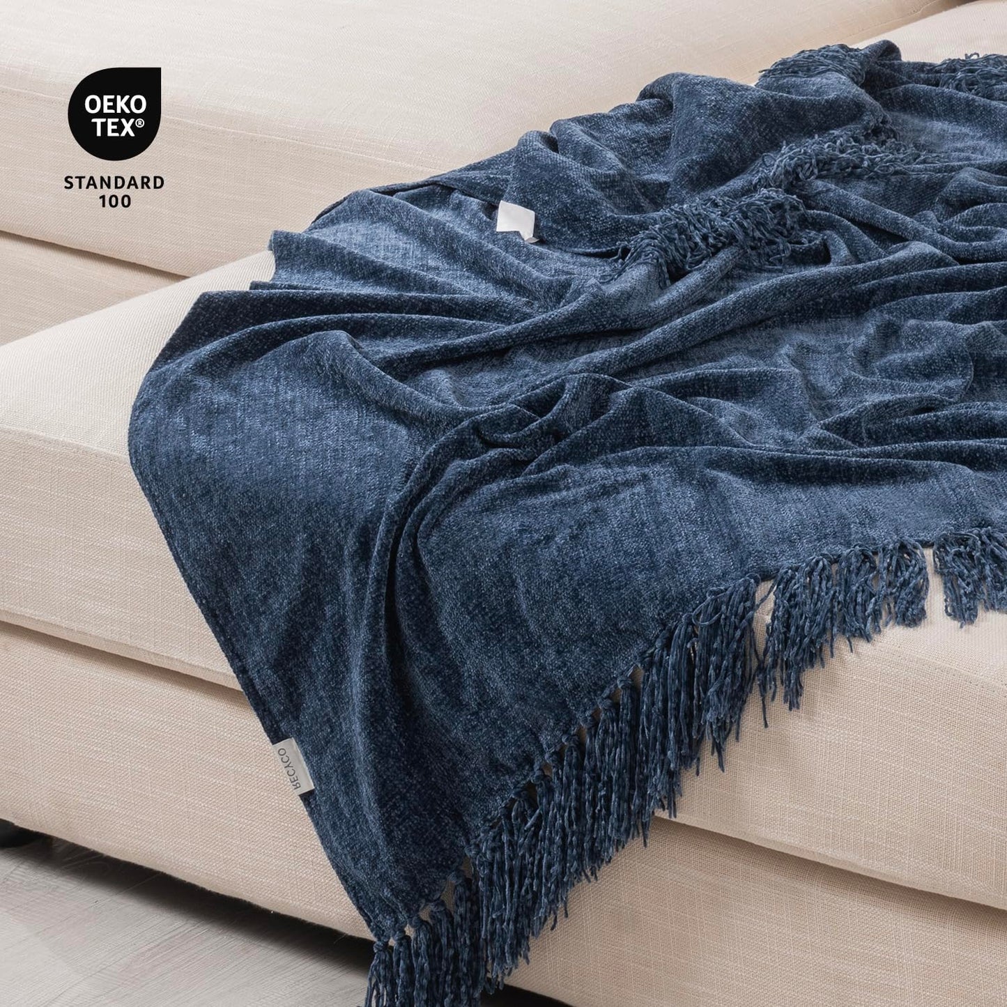 RECYCO Throw Blanket Soft Cozy Chenille Throw Blanket with Fringe Tassel for Couch Sofa Chair Bed Living Room Gift (Blue, 50'' x 60'')