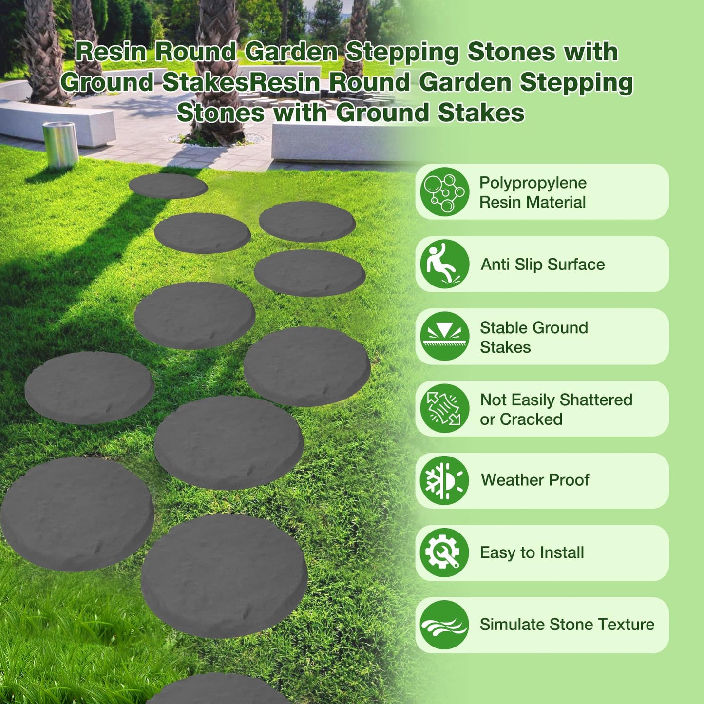 Outdoor Step Stones, Stepping Stones with Ground Stakes, Polypropylene Resin Round Step Stones with Ground Stakes for Lawn Garden Pathway (Grey)