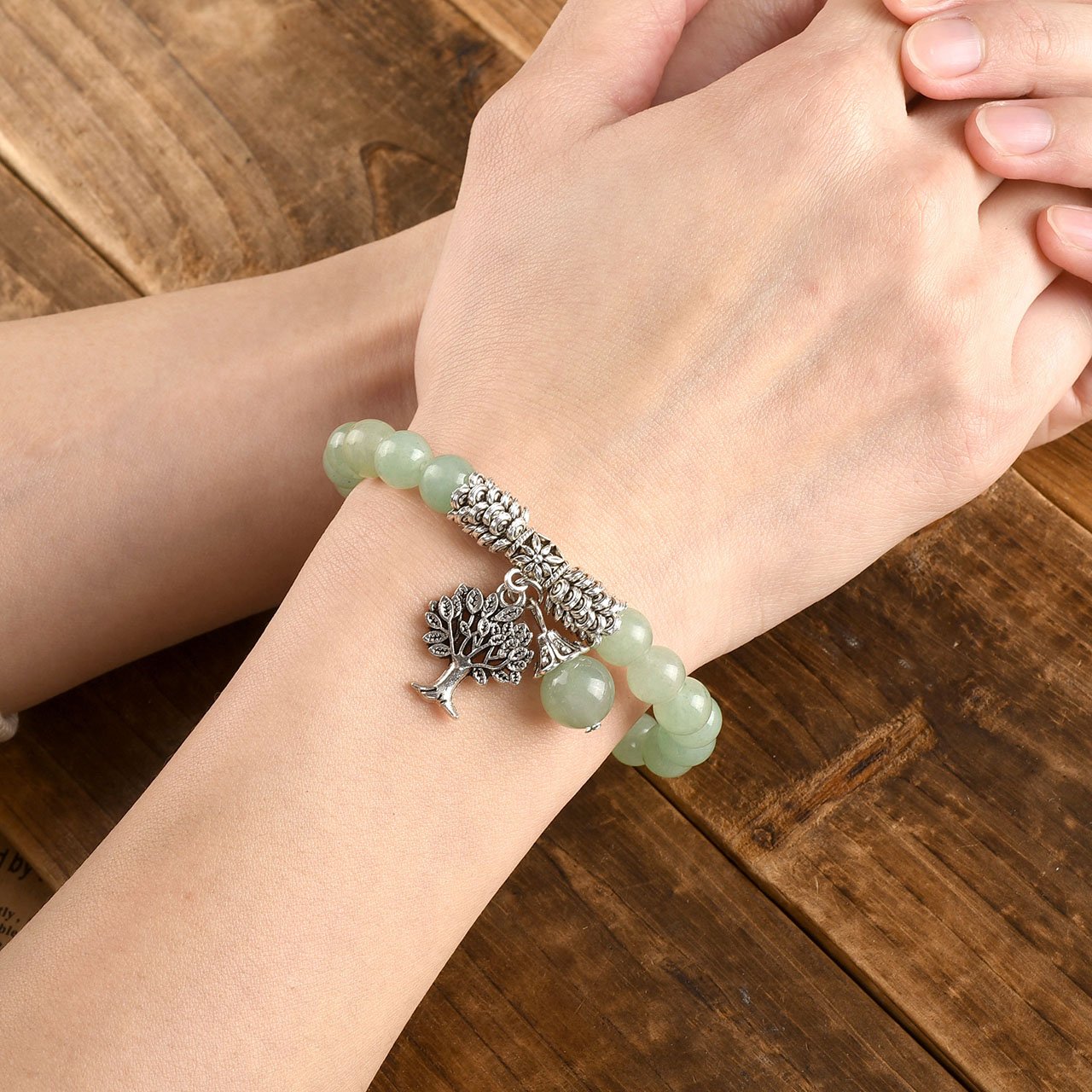 Jovivi 8MM Green Aventurine Natural Gemstone Healing Crystal Tree Life Lucky Charm Stretch Bracelet