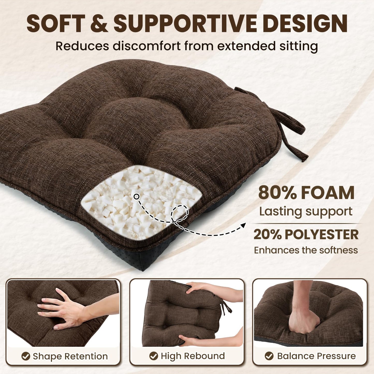 downluxe Indoor Chair Cushions for Dining Chairs, Tufted Overstuffed Textured Foam Kitchen Chair Pads with Ties and Non-Slip Backing, 15.5" x 15.5" x 4", Brown, 4 Pack