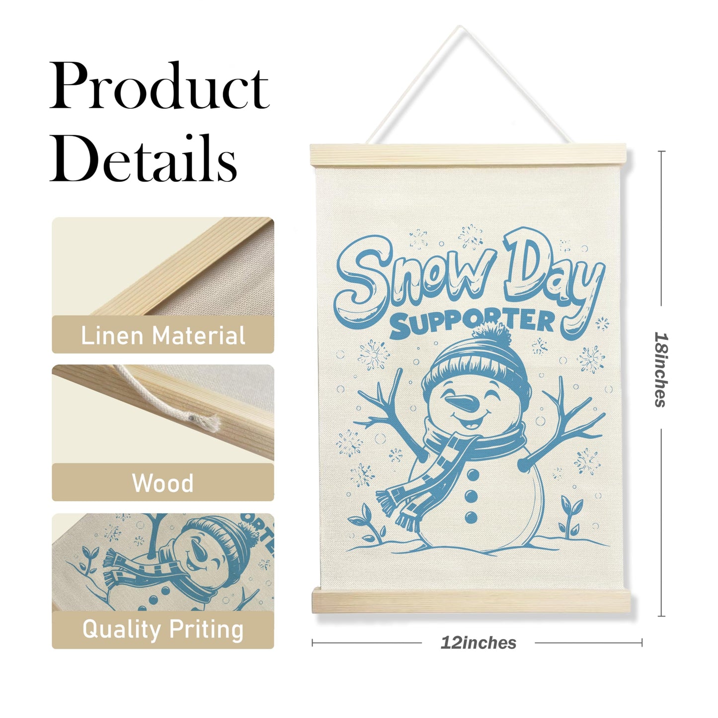 NQDWX Cute Snowman Snow Day Supporter Wall Art Sign, Canvas Hanging Wall Flag Poster Hanger Frame for Christmas Winter Holiday Home Bedroom Office 12x17 Inches.(216)