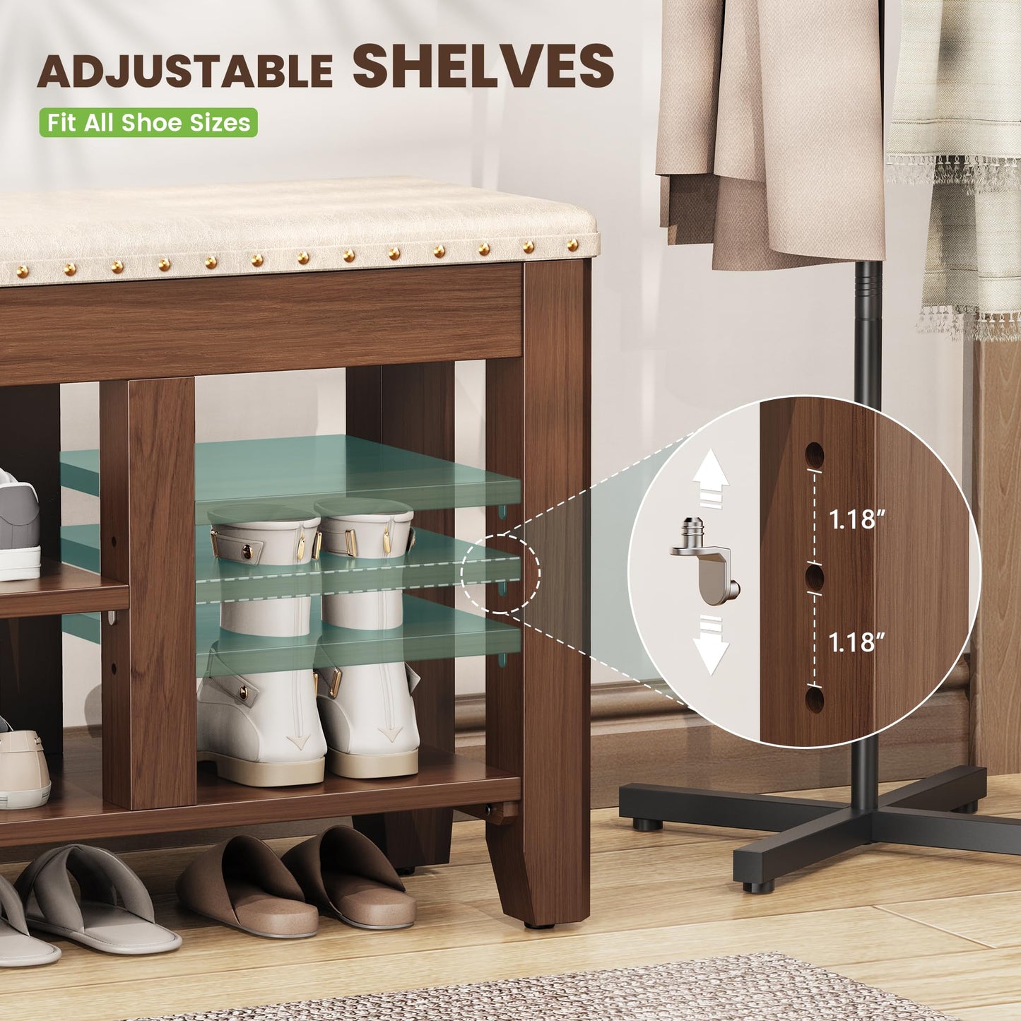 Shoe Bench for Entryway, Solid Rubberwood Shoe Bench with Hidden Storage, Adjustable 2-Tier Shelves & Soft PU Leather Seat, Shoe Rack Durable Easy Assembly for Hallway or Bedroom - Beige, 39.4"