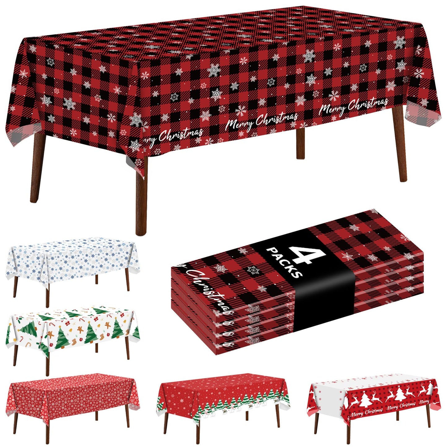 JHDZDHY 4 Pack Christmas Snowflake Tablecloth Disposable Plastic Tablecloth Table Cover for Christmas Party Decoration Supplies 54 x 108 Inches (Red Checkered Snowflake)