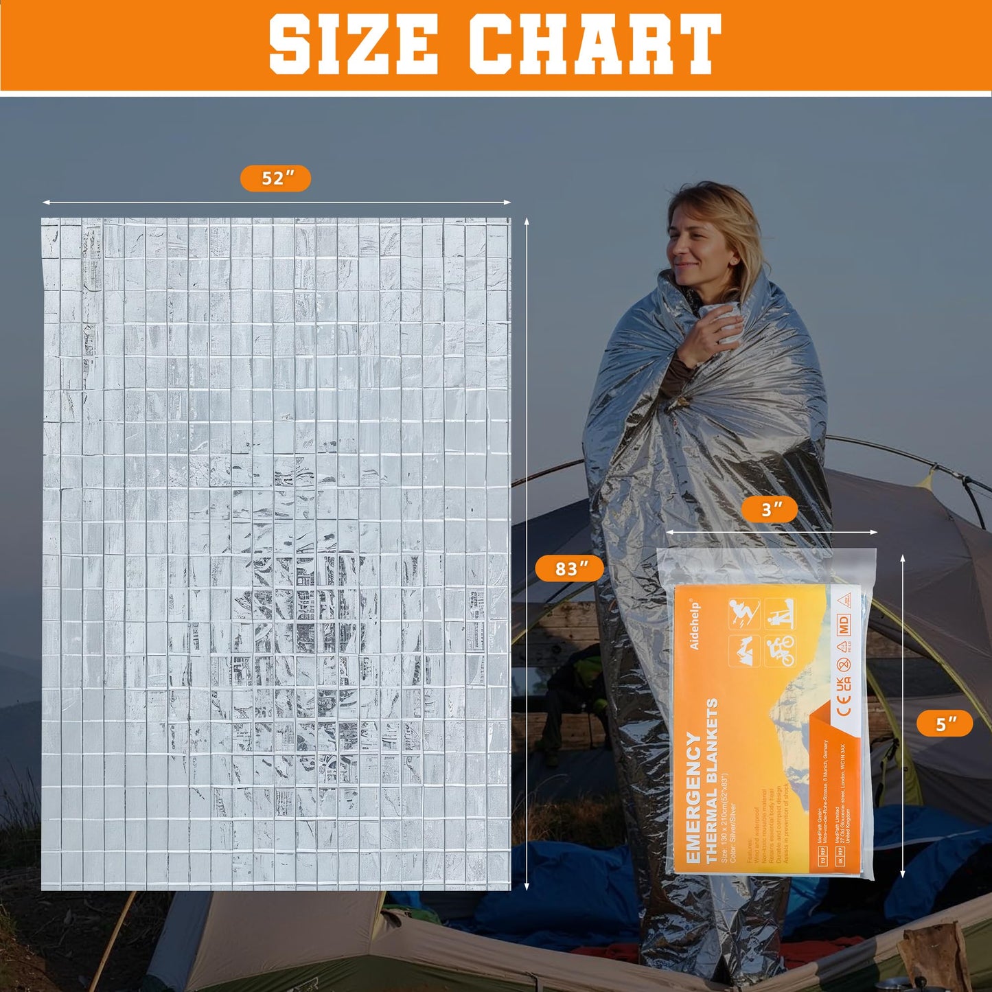 Aidehelp 24 Pack Emergency Blankets - Mylar Thermal Space Blankets for Survival and Protection - Ideal for Camping, Outdoors, Hiking, Rescue, Marathons