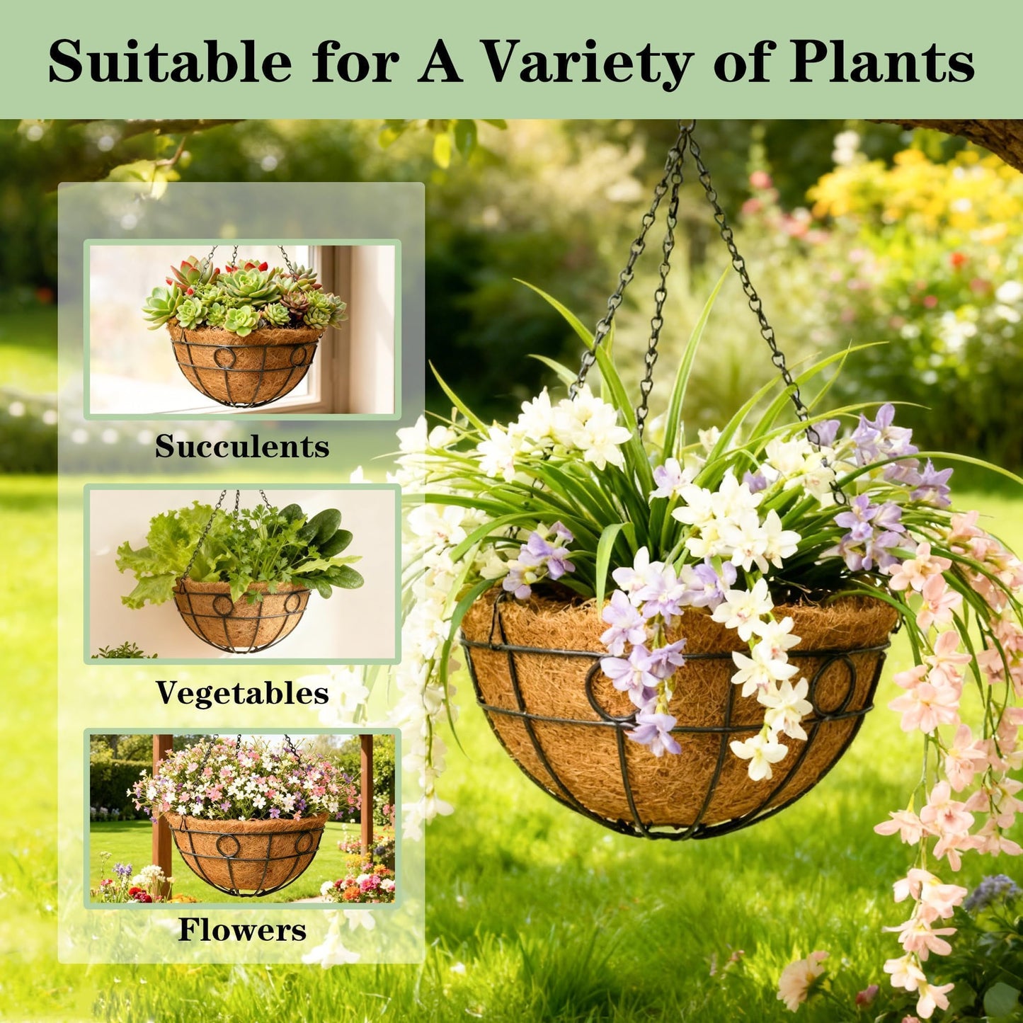 ZVOWOS 4 Pack 14 Inch Black Metal Hanging Planter Baskets with Coco Coir Liner Sturdy Hanging Flower Basket for Outdoor Indoor Garden Porch Patio Balcony Decor (Round)