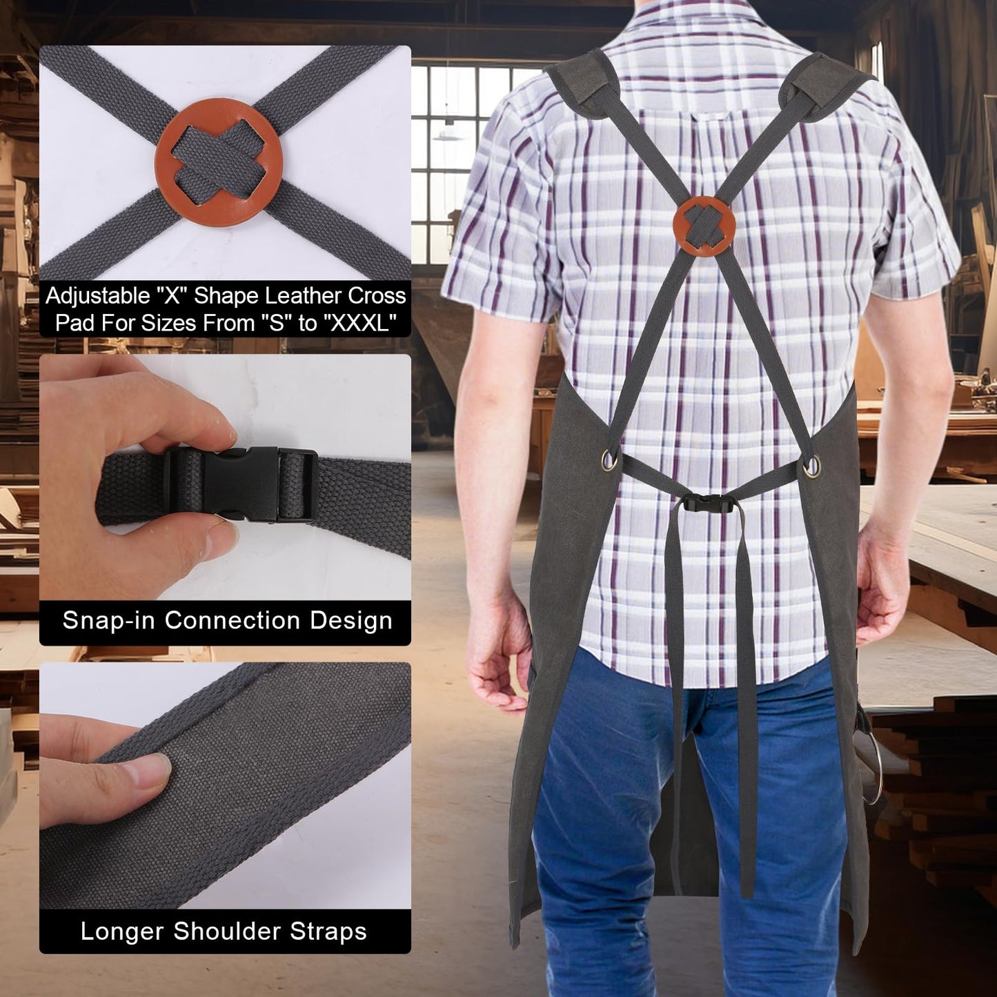 Rtcimoic Men's Multi-Function Woodworking Tool Apron, Multi-Pocket Canvas Carpenter Shop Work Apron, Heavy Duty Adjustable Belt S-3XL Grey