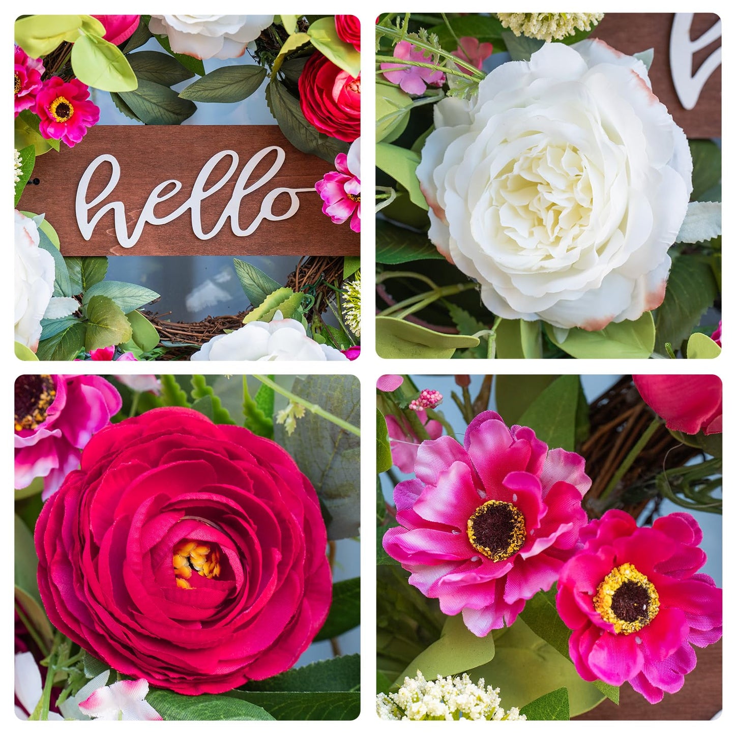 Pinkpuii Spring Wreaths for Front Door Outside– 24 Inch Spring Summer Wreath with Vibrant Pink Peony,Tulip & White Rose Flowers and Hello Wooden Sign,Ideal for Farnhouse Porch,Wall,Window Décor