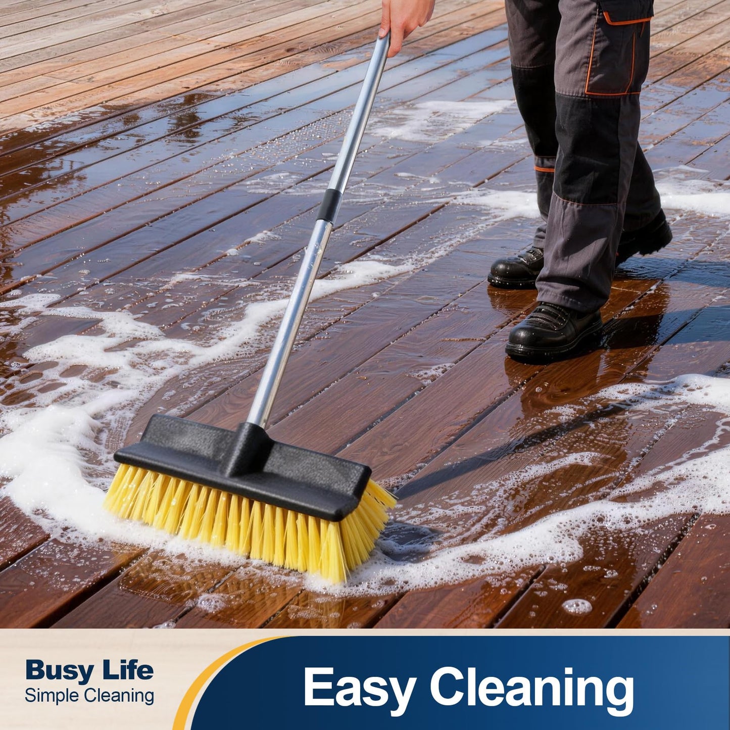 Yocada Deck Brush with 4-Section Extendable Handle Floor Scrub Brush Soft &Medium Bristles Non-Slip Grip for Outdoor Deck Patio Bathroom Garage Concrete Cleaning 53.89 Inch