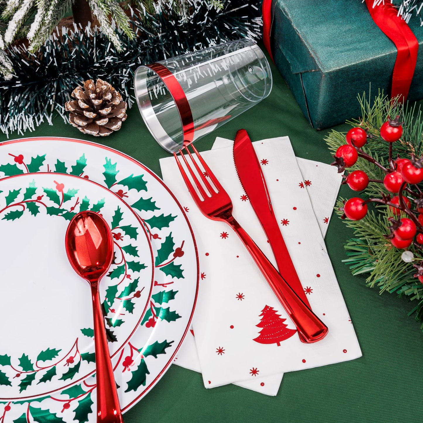 WDF 175Pcs Disposable Christmas Plates & Napkins - 25 Dinner & Dessert Plates, 25 Utensils, 25 Cups, 25 Christmas Napkins