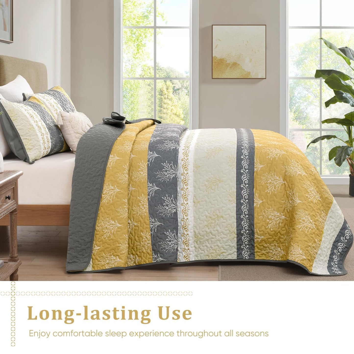 DJY Yellow Boho Quilt Set Queen Size, Striped Floral Yellow and Grey Bedspread Coverlet, 3 Pieces Patchwork Stripe Quilt Bedding Set Soft Microfiber Reversible Bedspread for All Season (96"x90")