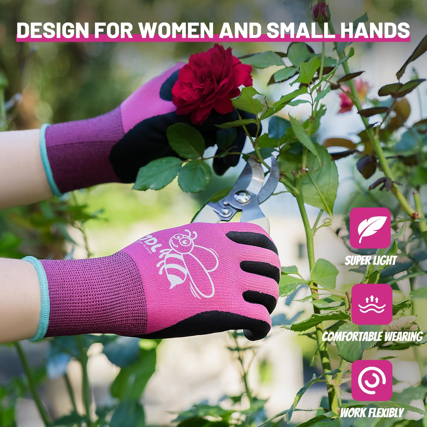 JDL 3 Pairs Nylon Nitrile Coated Gardening Gloves for Women, Touchscreen Yard Garden Gloves, Breathable Safety Work Gloves with Grip, Pink, Medium