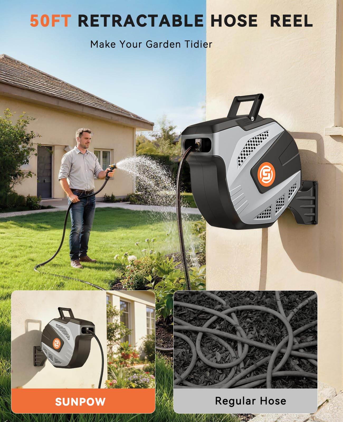 SUNPOW Retractable Garden Hose Reel - 1/2 inch x 50ft Wall Mounted Hose Reel with 3/4 inch Brass Fitting & 10 Function Sprayer Nozzle - Any Length Lock, Auto Rewind System, 180°Swivel Bracket - Grey