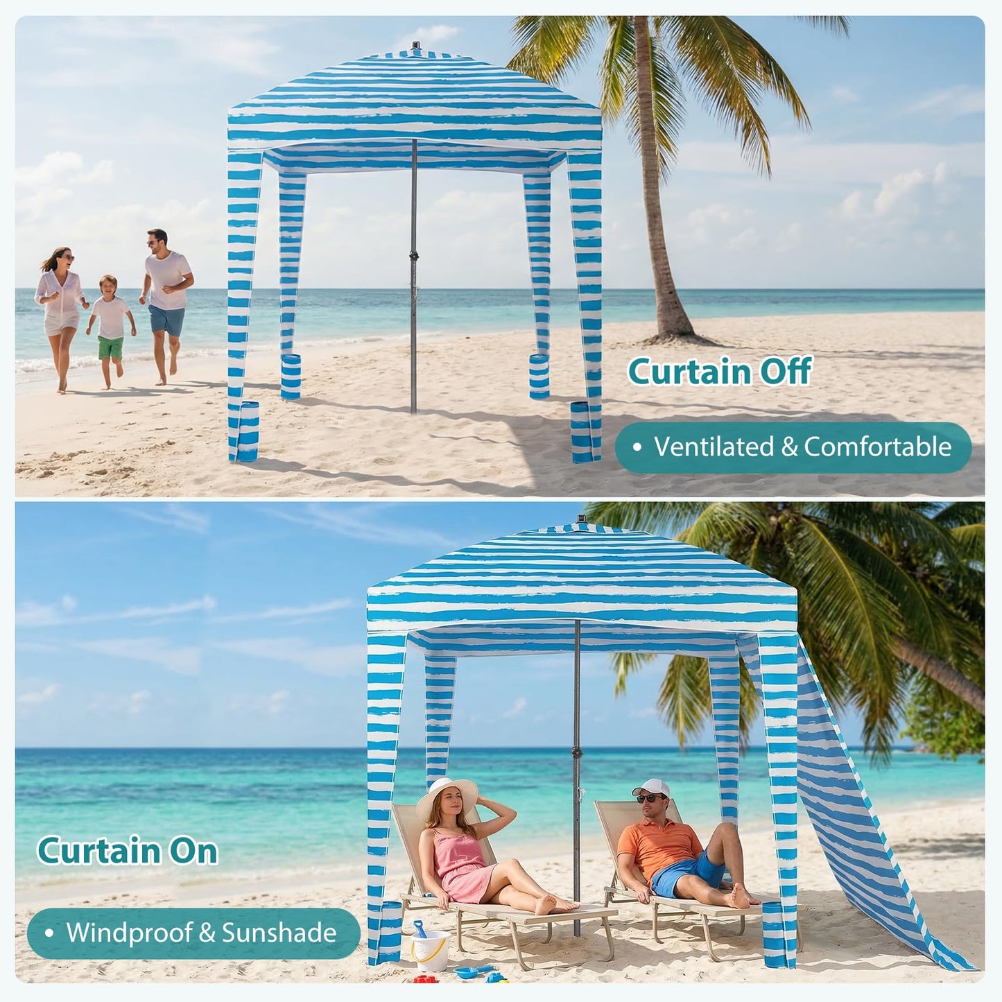 OLIXIS 6'×6' Beach Cabana Tent Sun Shelter – UPF 50+ Easy Setup Cool Canopy Tent Sun Shade with Side Wall, Wind Resistant Beach Cabana for Whole Family