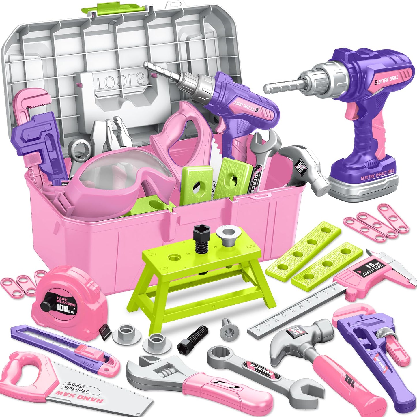 Kids Tool Set with Portable Tool Box & Electronic Toy Drill, Toddler Tool Set, Construction Tools for Kids Ages 3 4 5 6, 46 Pcs Tool kit for Christmas & Birthday Gifts for Girls