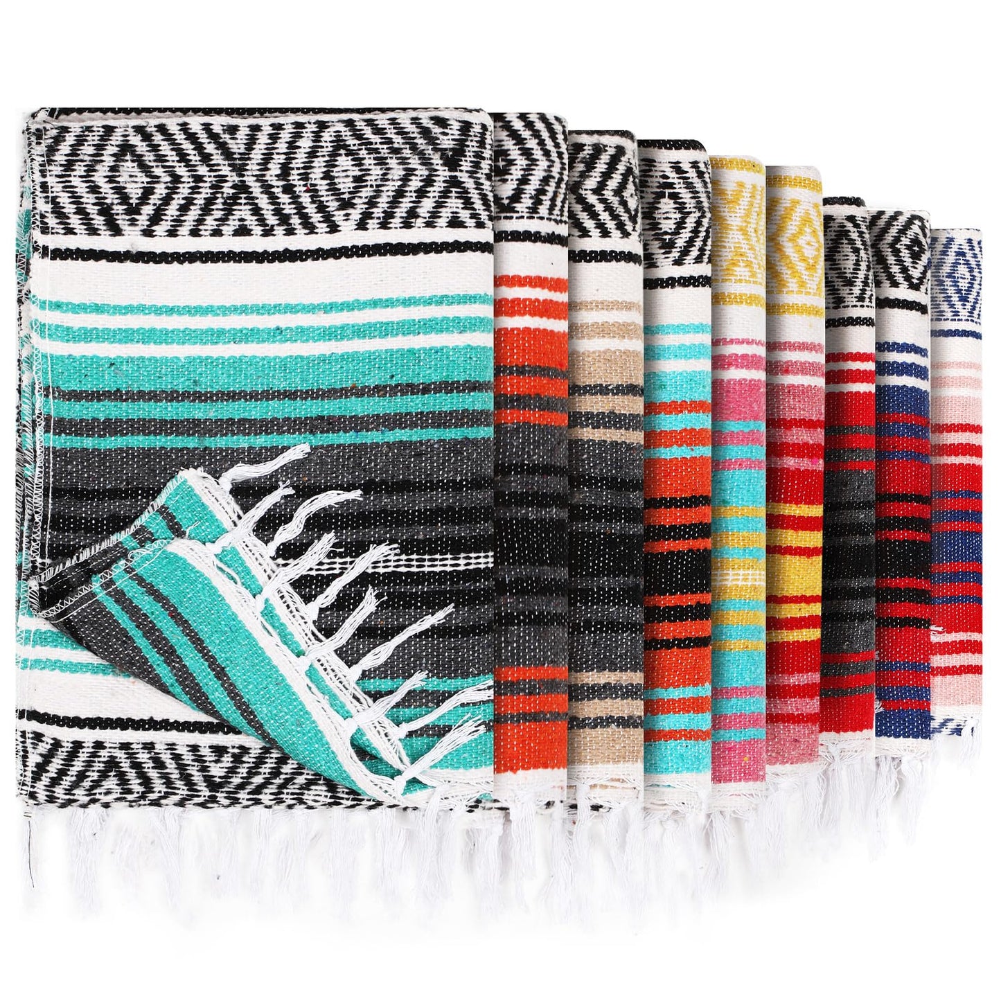 Peryiter 9 Pcs Mexican Blanket Bulk Large Yoga Blanket Striped Falsa with Fringed for Outdoor Beach Picnic Couch, 45 x 70 inch(Bright Colors)
