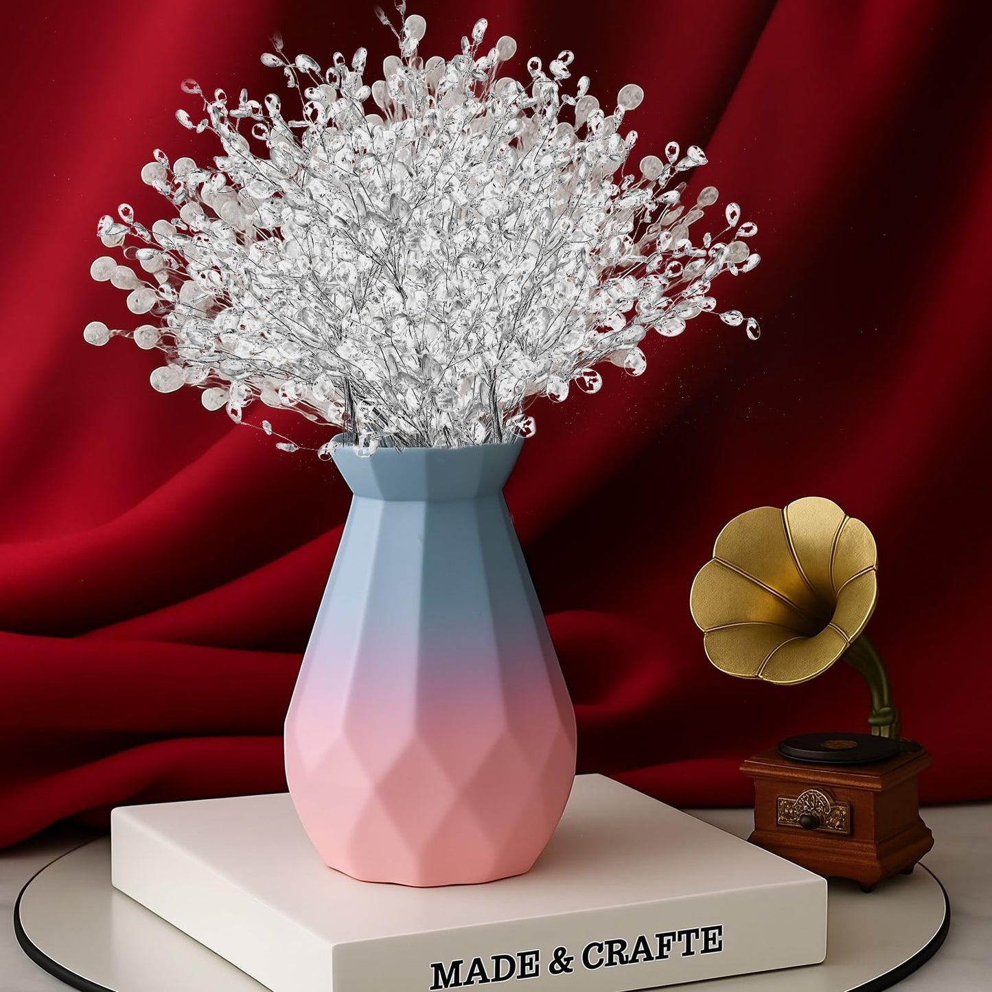 20PCS Acrylic Crystal Flower Branches – Clear Artificial Bead Drop Bouquets, Glitter Floral Acrylic Picks Arrangement for Wedding, Christmas, Thanksgiving & Home/Office Table Top Decoration – Clear