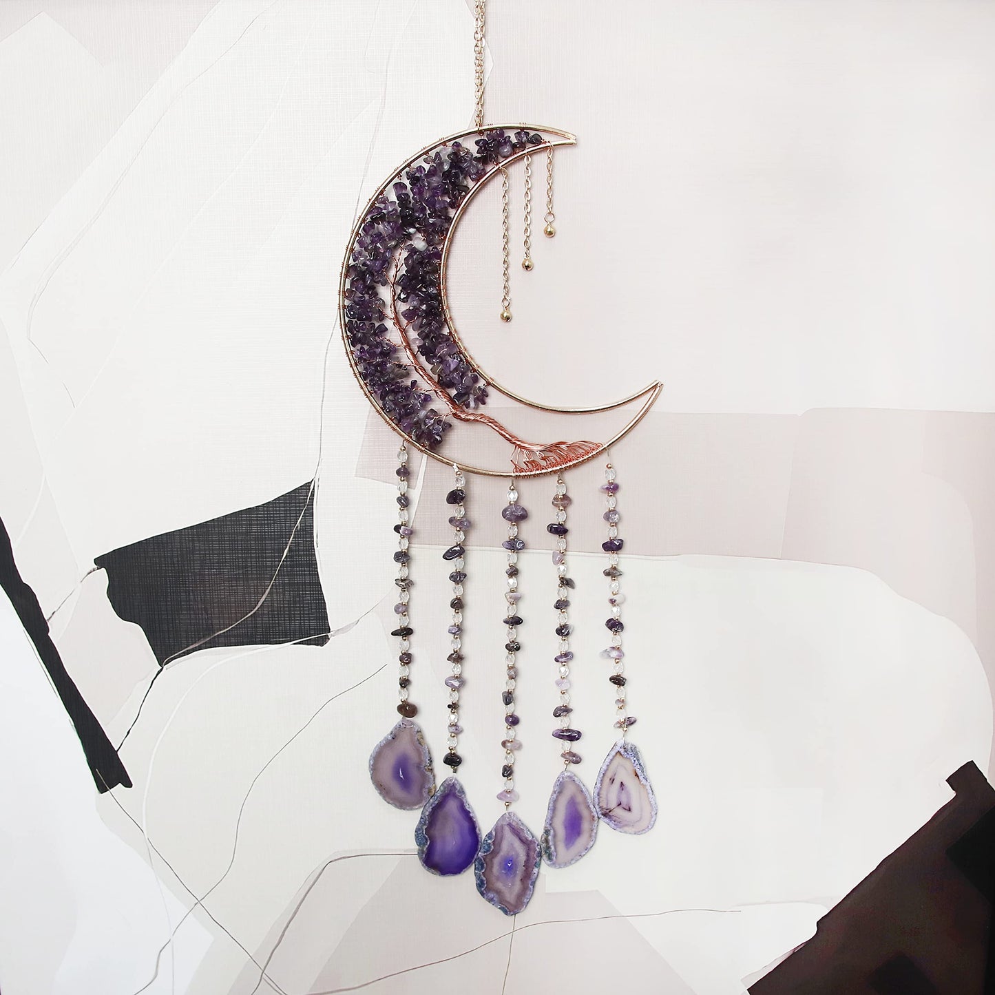 Agate Moon Dream Catchers with Crystal Purple Gemstone Dream Catchers Natural Tree of Life Gem Agate Wall Hangings Room Garden Dreamcatchers Decor (Purple)