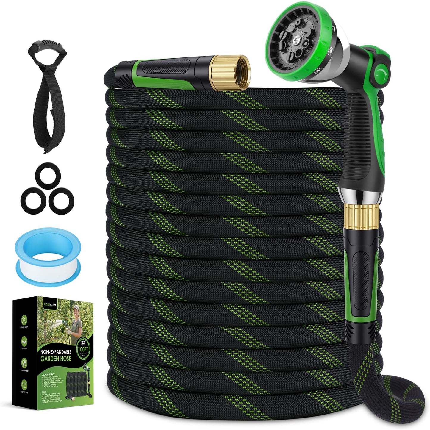HORTICORA Non-Expanding Garden Hose 100 ft, Lightweight Hose & Flexible Water Hose With 10-Pattern Spray Nozzle, Kink-Free Design, Durable Leakproof Yard Outdoor Hose, Portable Storage Strap, 100 Feet