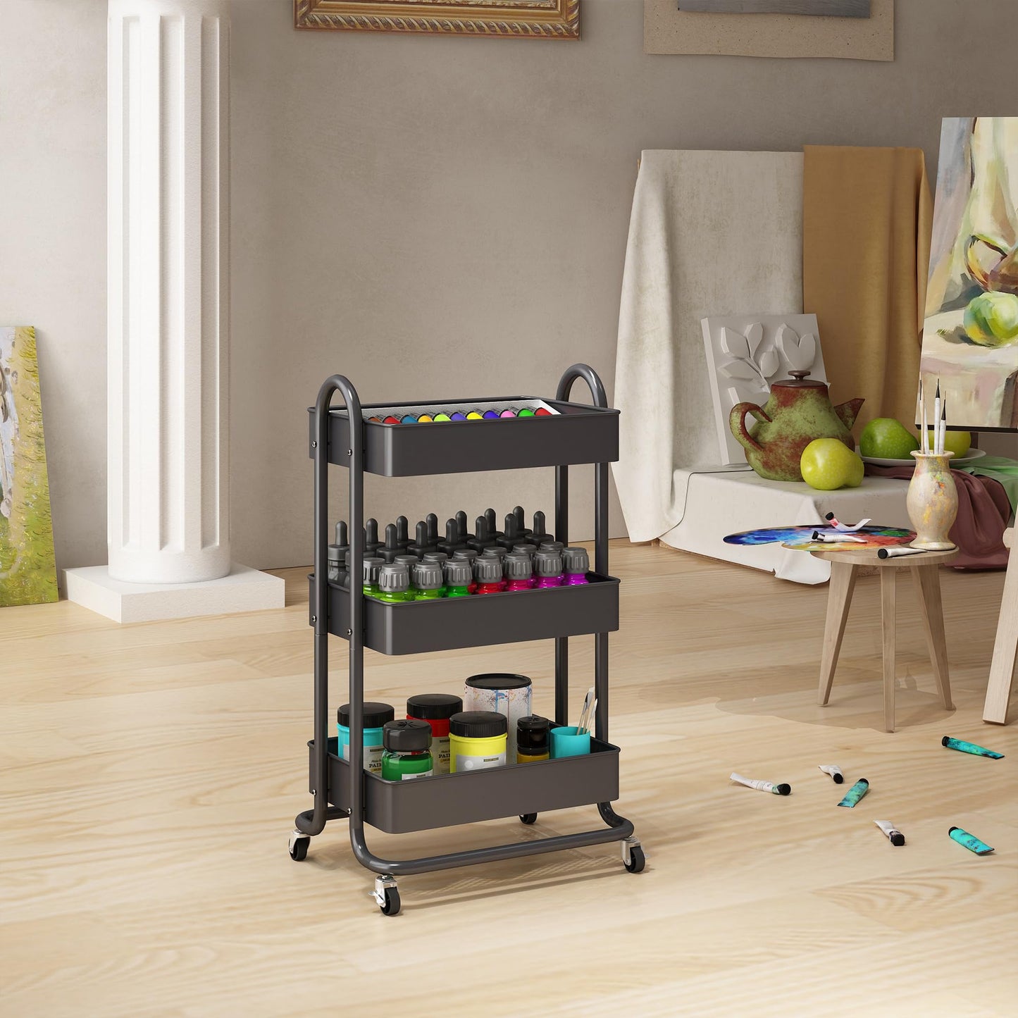MIOCASA 3-Tier Metal Utility Rolling Cart, Heavy Duty Multifunction Cart with Lockable Casters, Easy to Assemble, Suitable for Office, Bathroom, Kitchen, Garden (Dark Gray, 3-Tier-Metal)