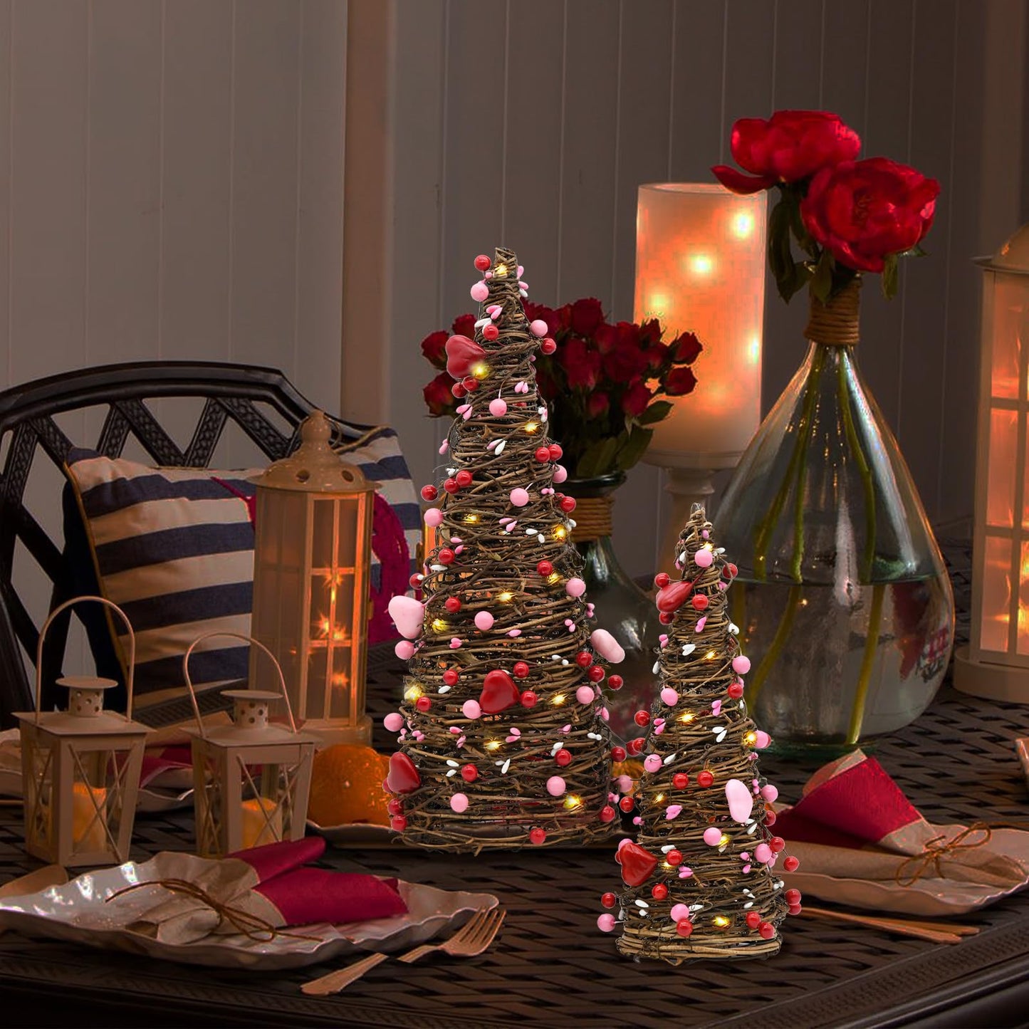 CRCZK Valentines Day Rattan Table Tree Decor with Lights Valentines Day Decorations 2Pack Lighted Tree with Red Heart&Berries Pink Table Centerpieces Valentine's Day Decorations Indoor Party Gifts