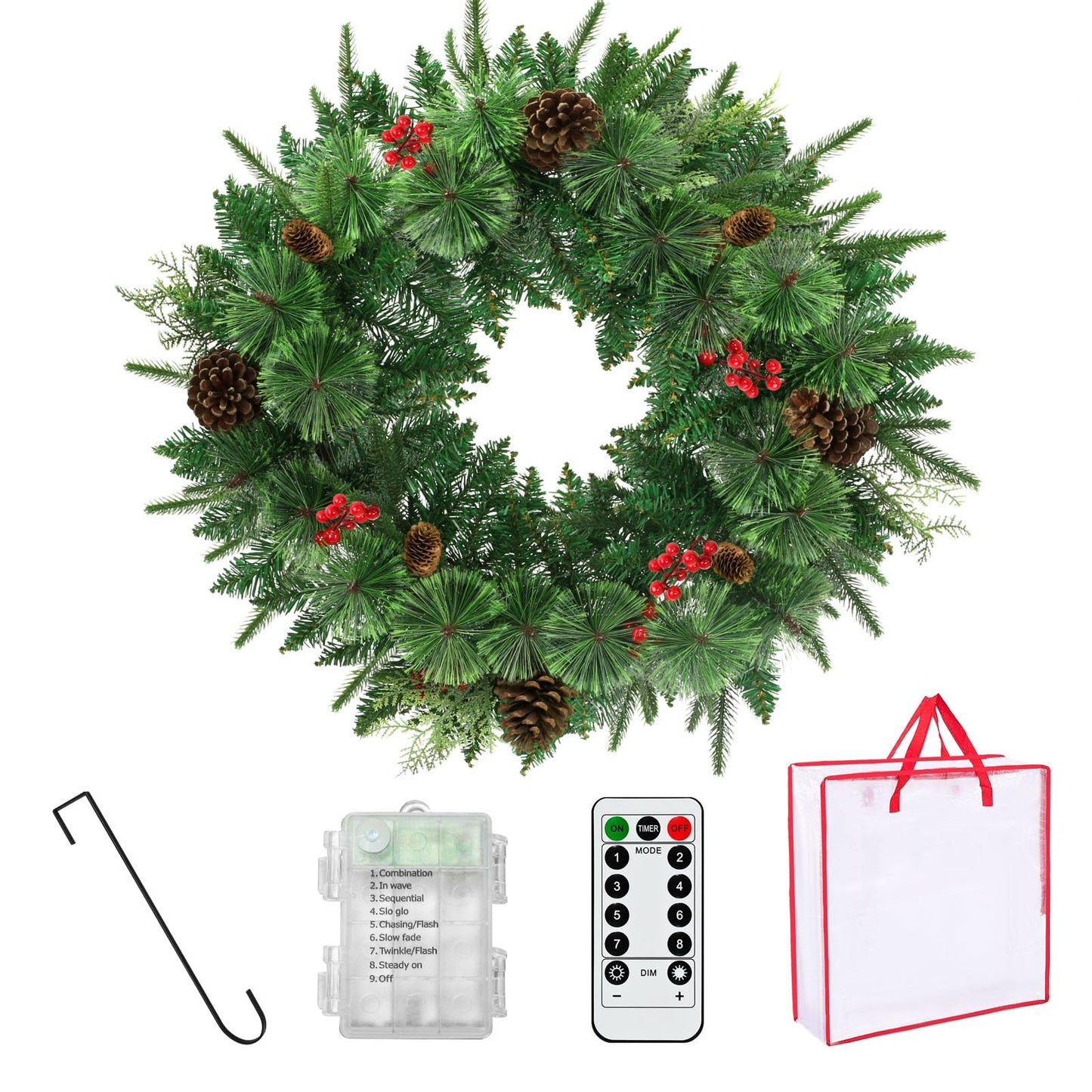 Remote Control 36" Pre-Lit Artificial Christmas Wreath, Norwood Fir Carolina Pine with Crestwood Spruce Pine Cones and Berry Clusters Warm White 75 LED Lights Christmas Decor in/Outdoor Holiday Decor