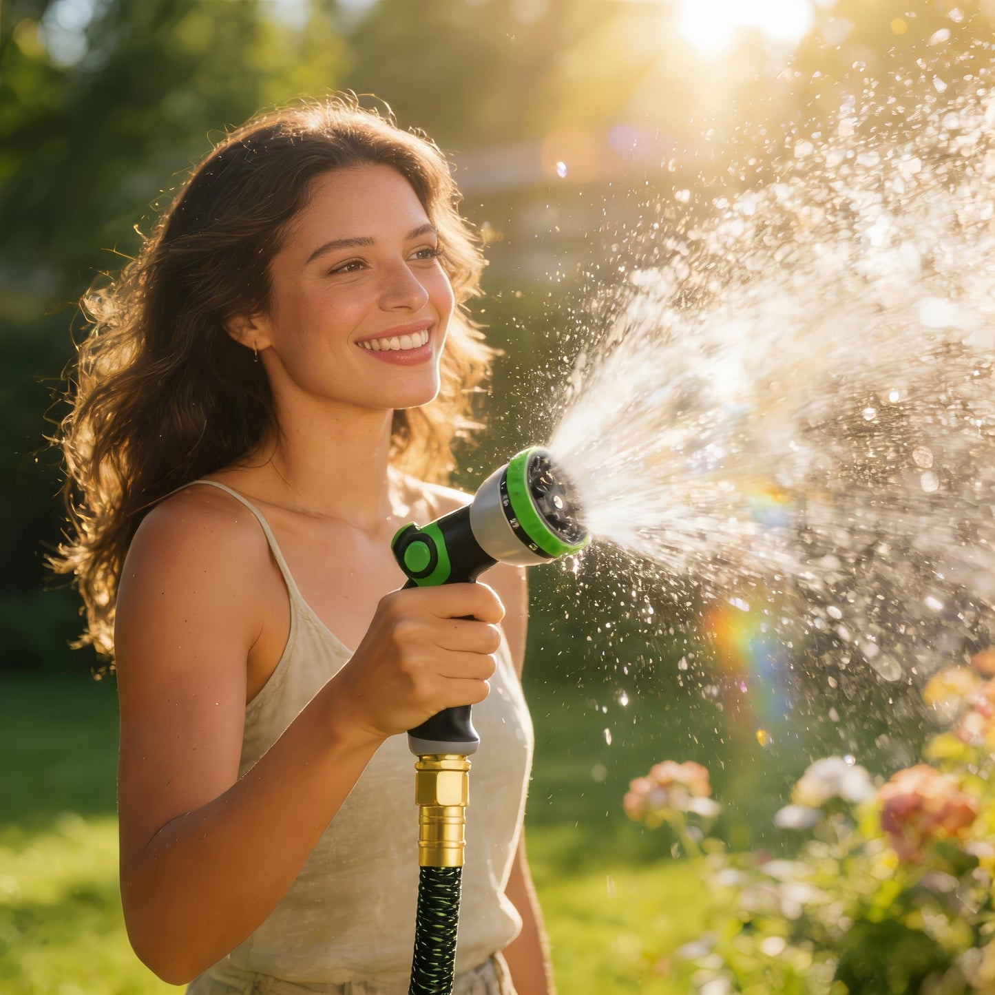 HBlife 50ft Garden Hose, Non Expandable Garden Hose with 10 Function Sprayer Nozzle, Flexible Lightweight Water Hose for Yard, Lawn, Car Wash and Outdoor