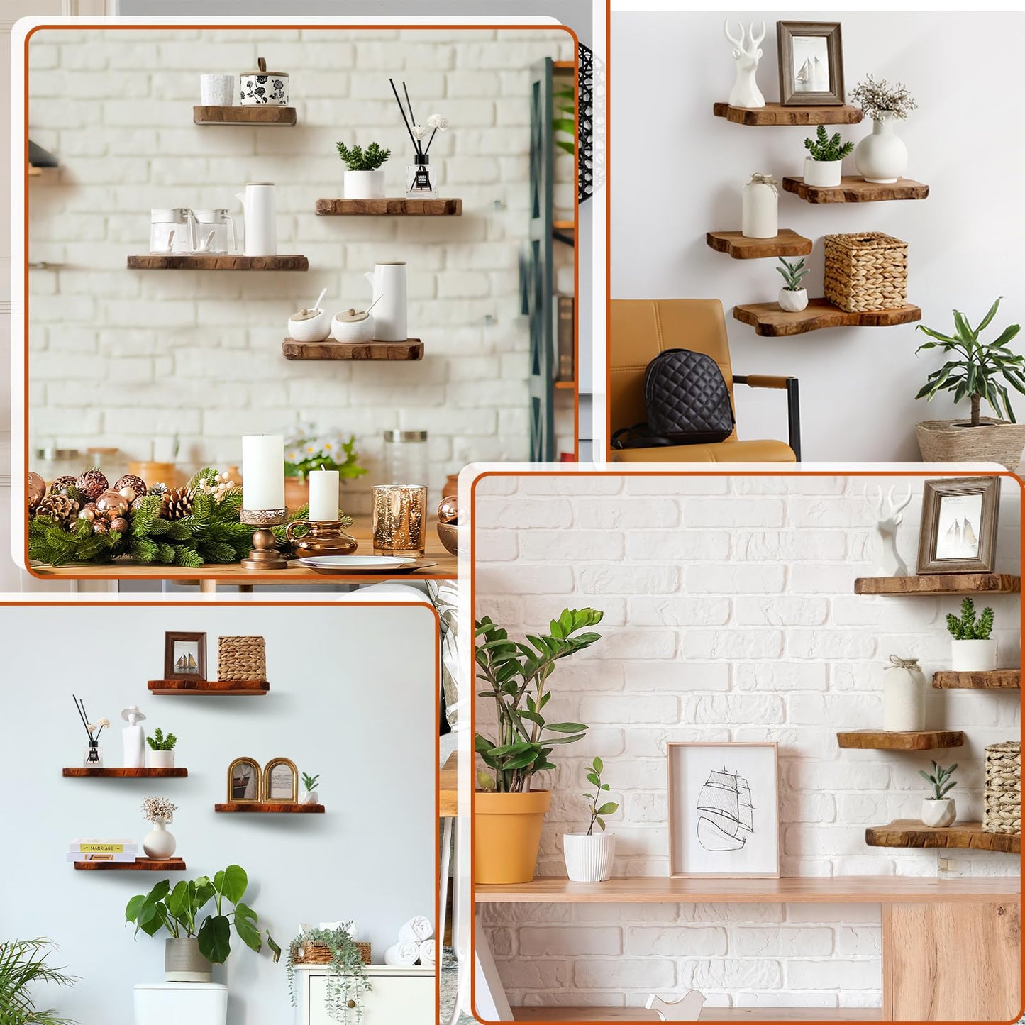Pinkunn 4 Pcs Floating Shelves for Wall Wooden Live Edge Shelf Wall-Mounted Natural Solid Wood Bedroom Kitchen Storage Living Room Nursery Decor (15.8/11.8/7.9 Inch)