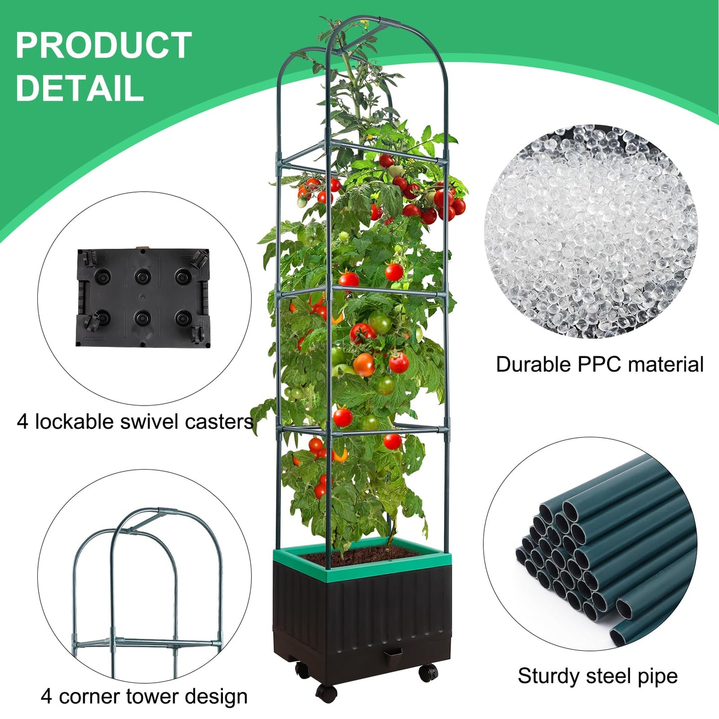 Yhtpouqe Raised Garden Bed with Self Watering Garden Pots, Planter Box with Trellis for Climbing Plants Vegetable Vine Flowers, Tomato Cage Planter for Indoor Outdoor Yard Greenhouse Use