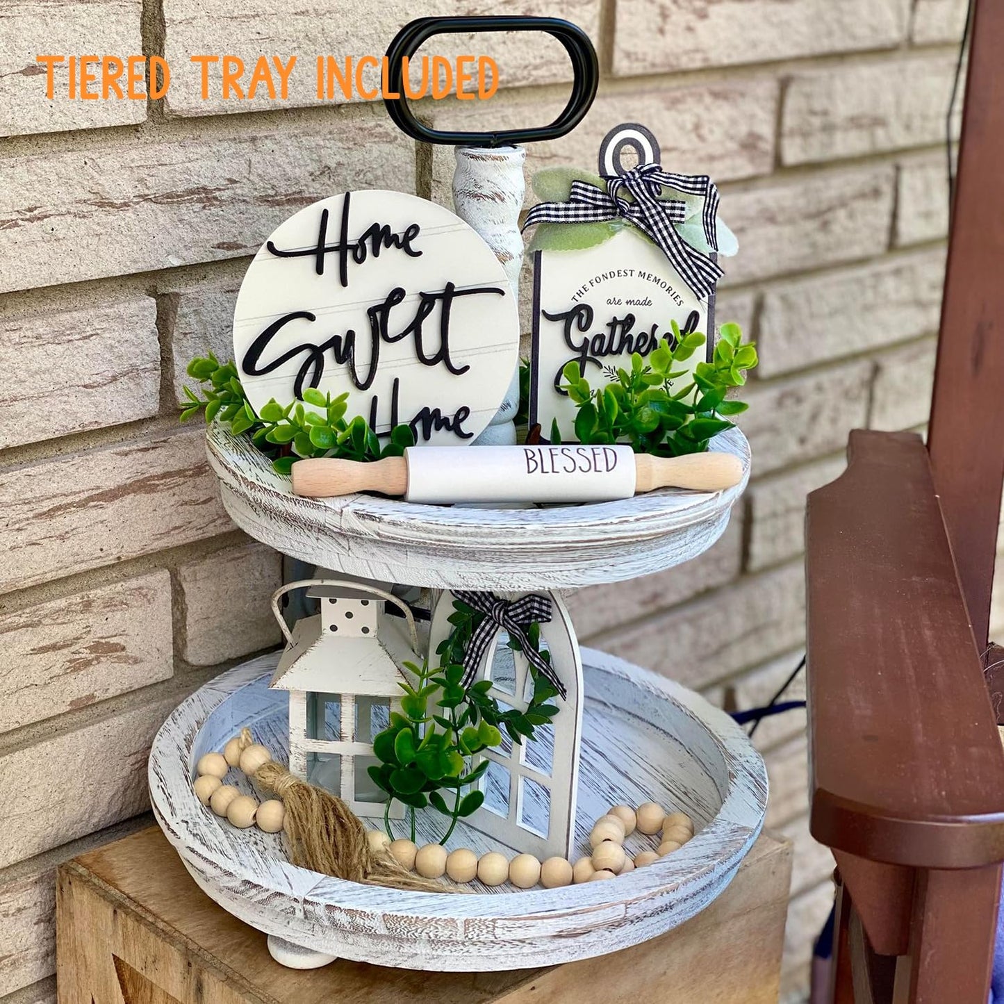 Houmury Set of 17 Farmhouse Tiered Tray with 1 Lantern Artificial Plant& Cutting Board Sign for Rustic Home Sweet Home Kitchen Decor Tier Tray Decor Set