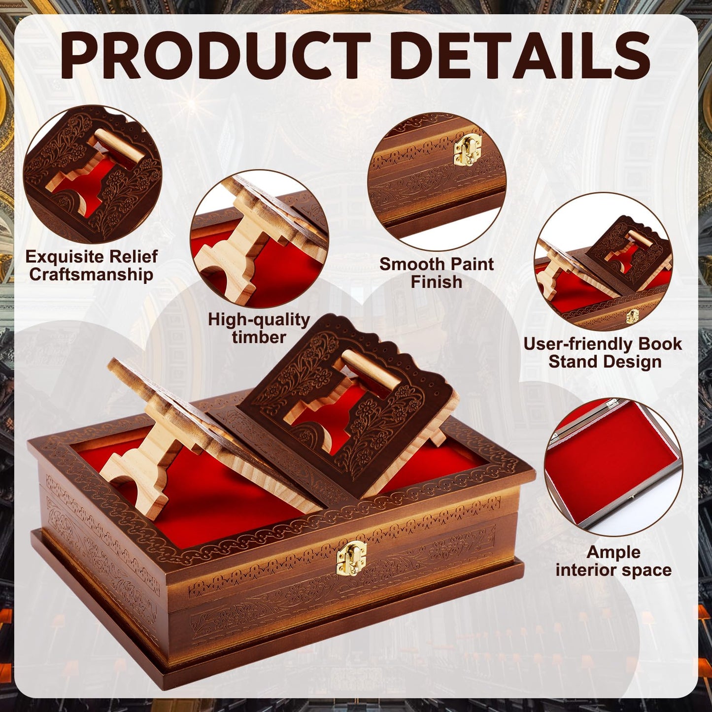 Yalikop Wooden Rehal Box Beautifully Holy Book Stand Box Quran Bible Holder Foldable Ramayan Stand Religious Rehal Display Decor for Geeta GURU Granth Sahib Prayer Holy First Communion