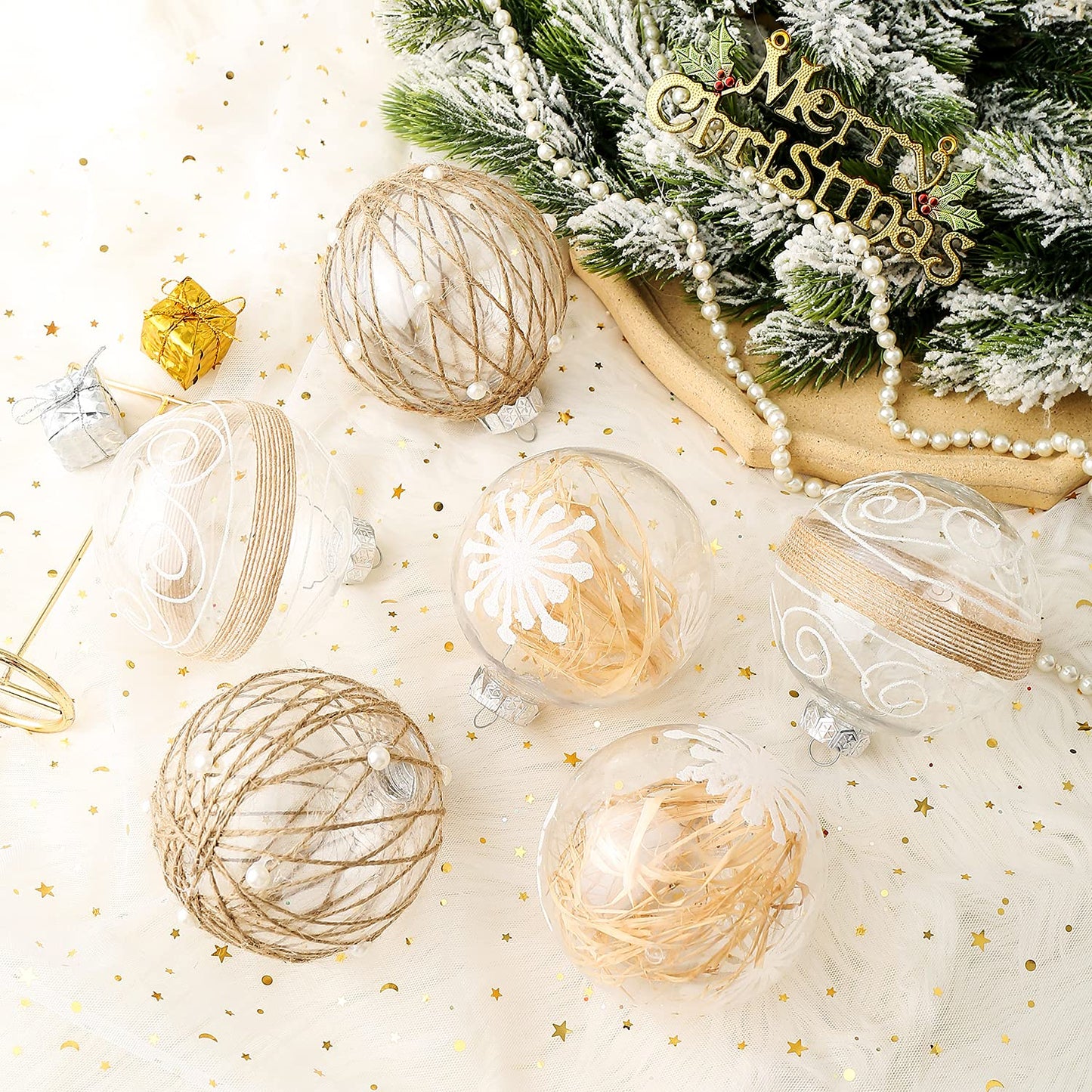 XmasExp Christmas Ball Ornaments Set, Farmhouse Shatterproof Christmastree Decorations,6ct Large Plastic Hanging Ornaments,100mm/4,Neutral