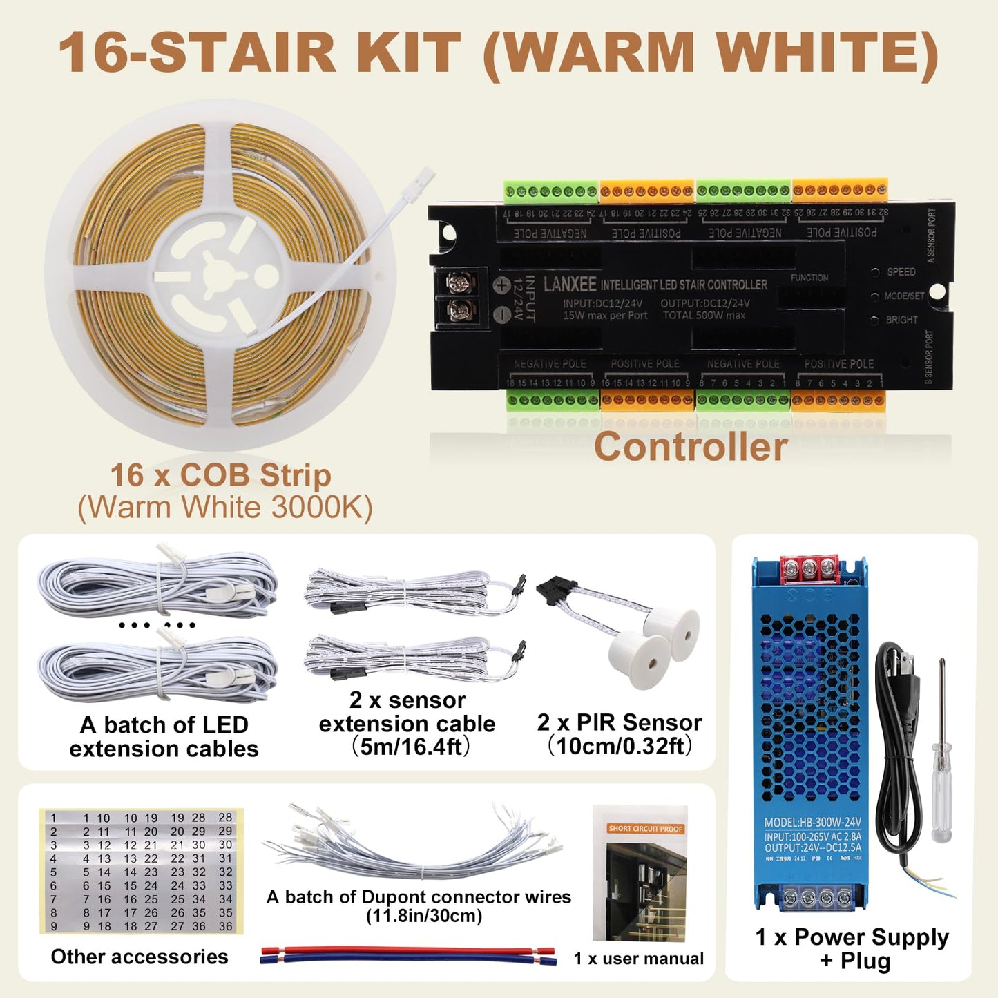 LANXEE Intelligent 16-Step Motion Sensor Stair Light for Indoor, 40 inches Long Cuttable Motion Lights for Stairs (16 Stairs,3000K)