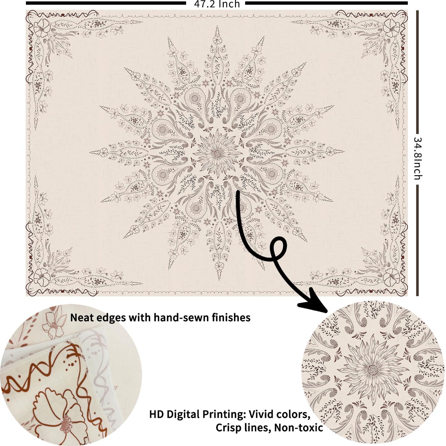 Damanse Floral Tapestry Wall Hanging Cute,Boho Wall Tapestry for Bedroom Aesthetic,Mandala Living Room Decor for Teen Girls (Flaxen, 34.80" x 47.20")
