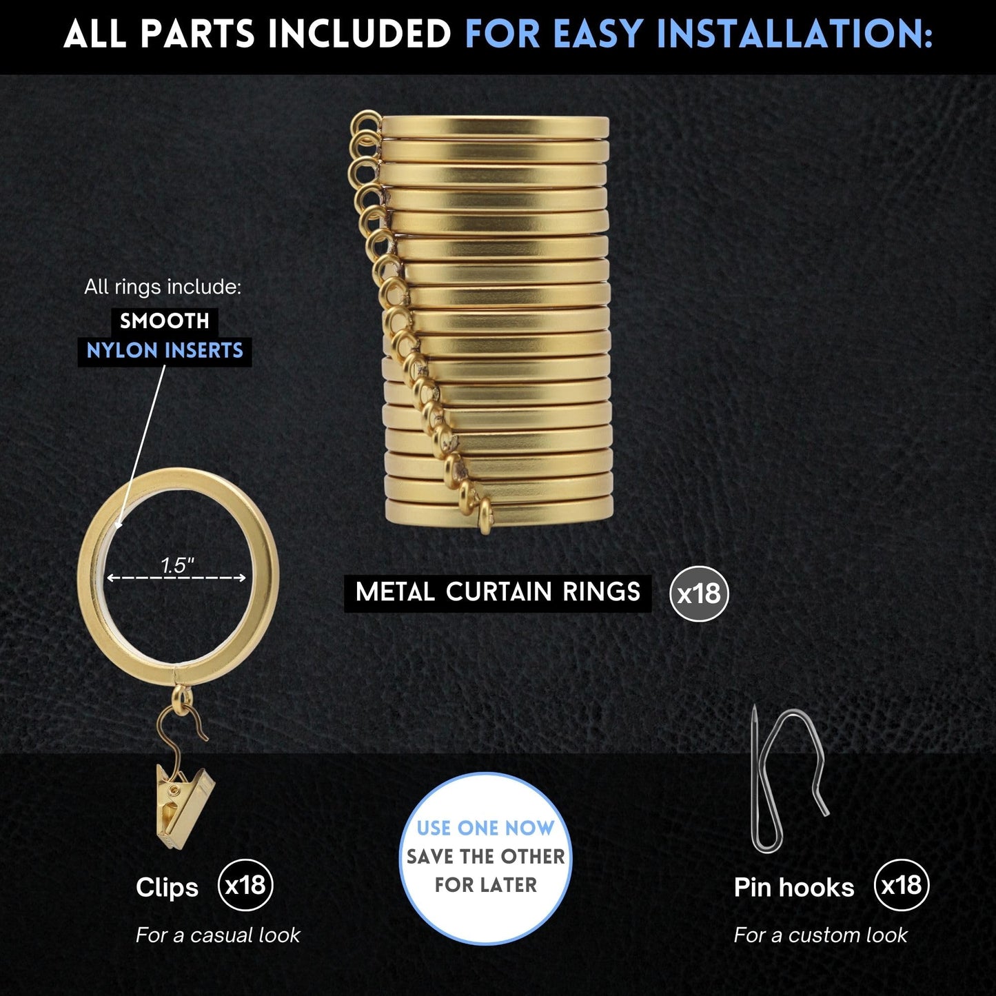 BlastHome® Luxury Curtain Rings – Premium Metal with Quiet, Smooth, Removable Nylon Inserts – Pinhooks and Clips Included – 1 1/2" Inside Diameter – 18 Rings for Two Standard Curtains – Brushed Gold