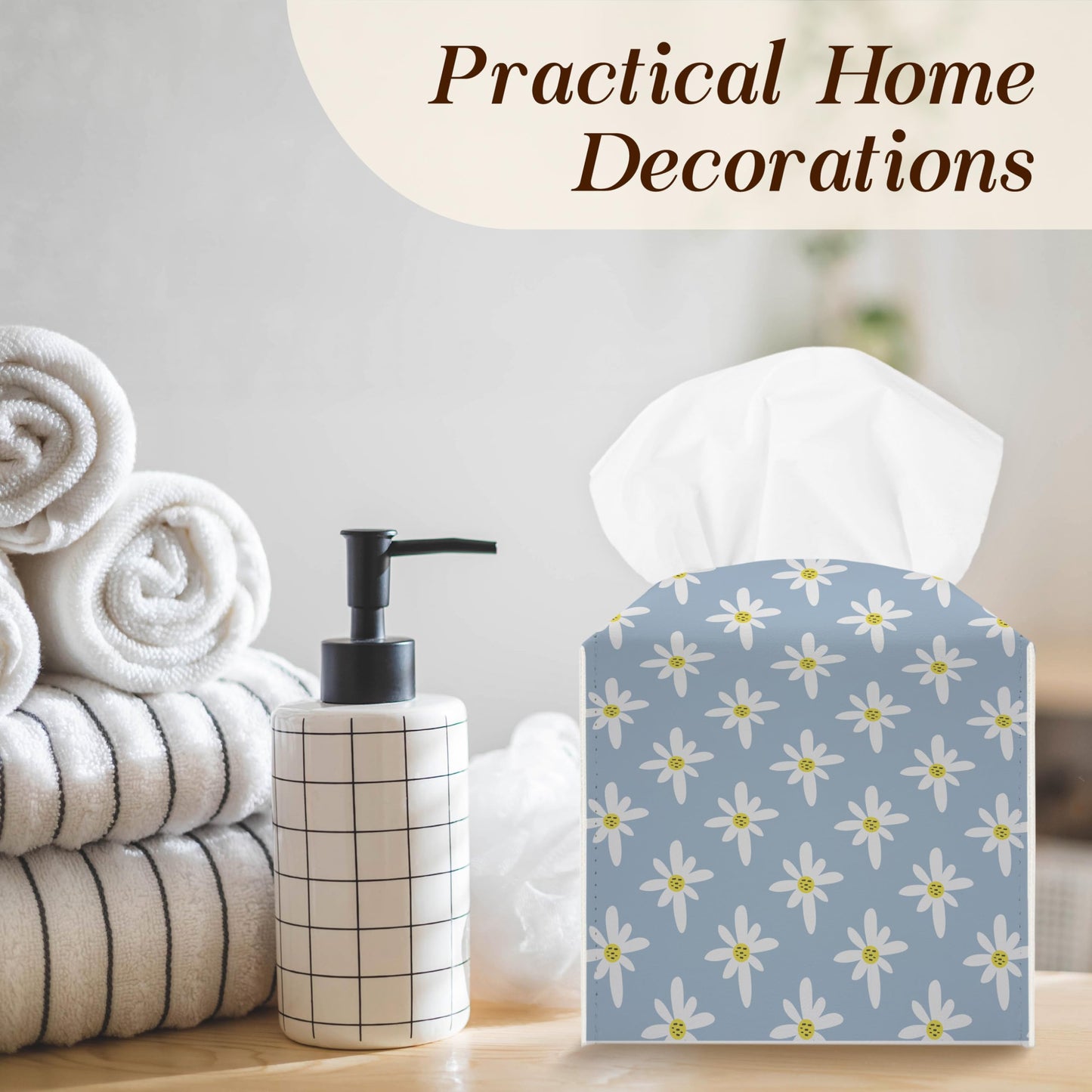 Flower Tissue Box Cover, Square Tissue Box Cover Leather Tissues Holder, Facial Paper Organizer Dispenser for Home Bathroom Office Bedroom Vanity Tabletop Decor -09