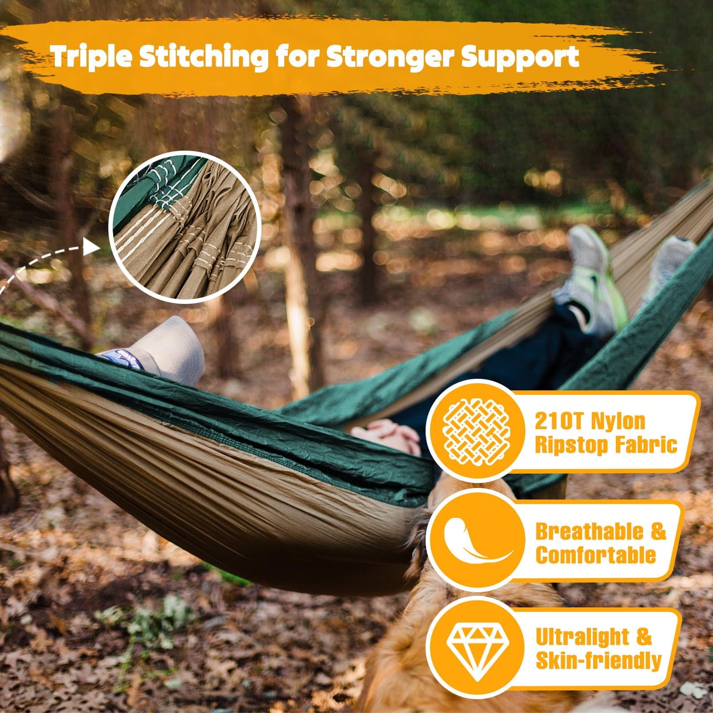 NATUREFUN Ultra-Light Travel Camping Hammock | 300kg Load Capacity,(275 x 140 cm) Breathable,Quick-Drying Parachute Nylon | 2 x Premium Carabiners,2 x Nylon Slings Included | Outdoor Indoor Garden